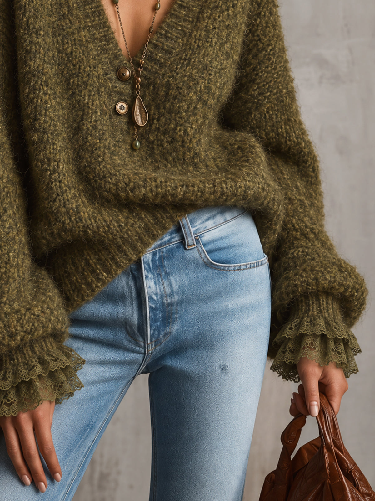 Olive Green Deep V-Neck Bouclé Knit Oversized Sweater With Lace Ruffle Cuffs