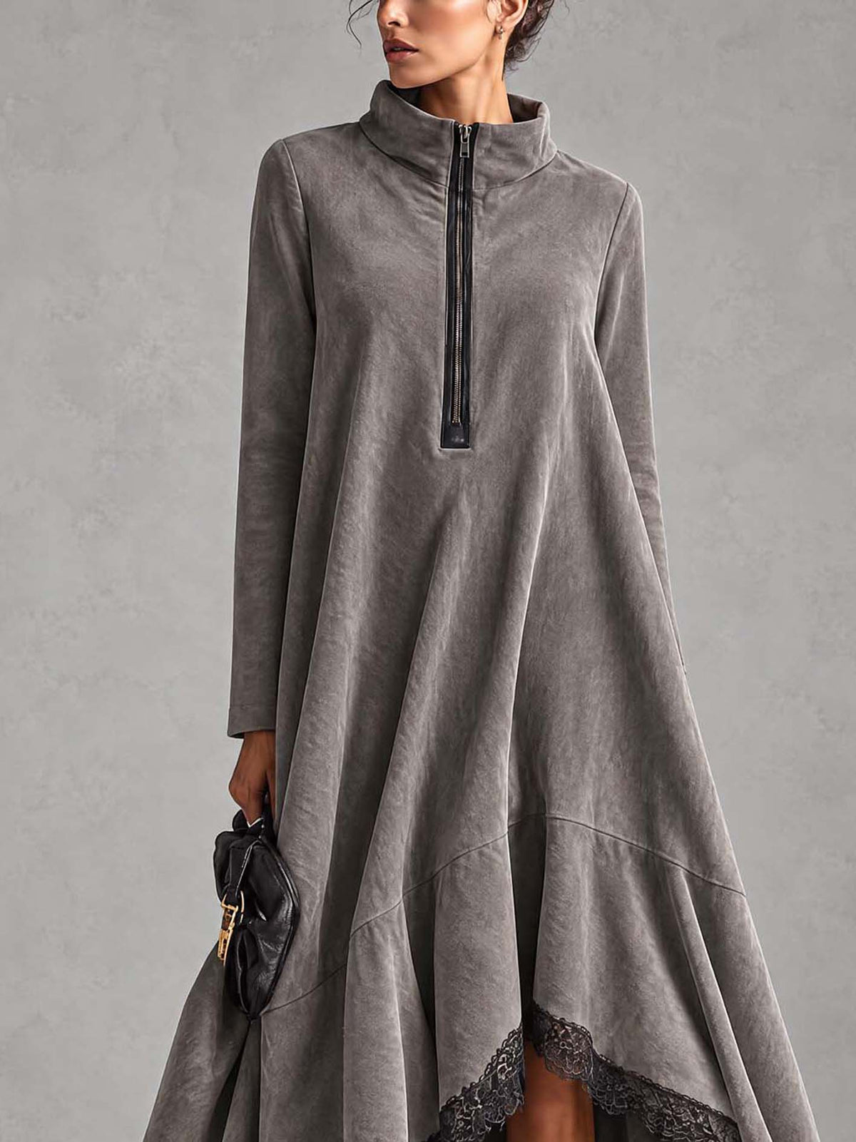 Pewter Gray Washed Faux Suede Maxi Dress With Half-Zip Stand Collar And Lace Hem