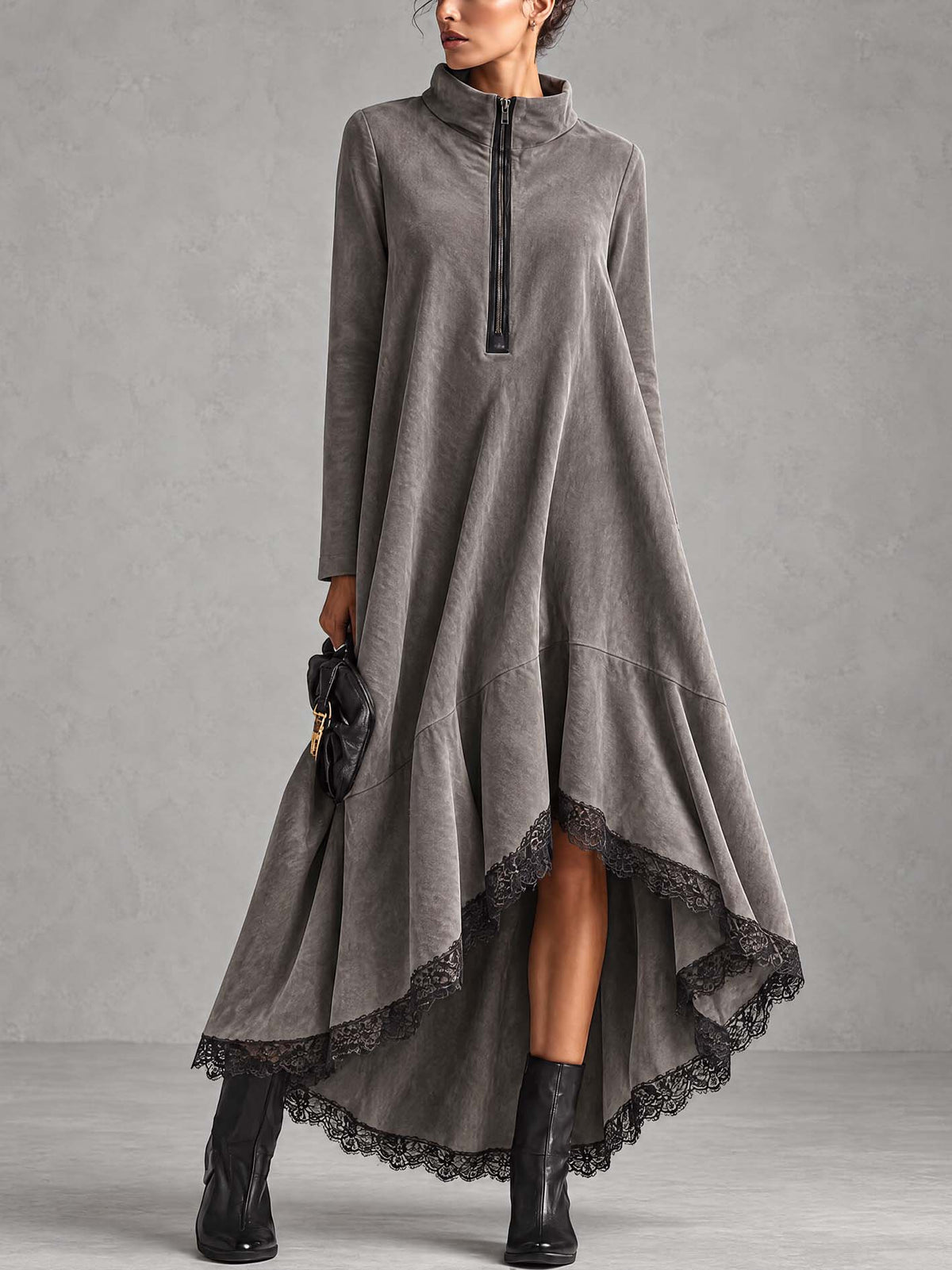 Pewter Gray Washed Faux Suede Maxi Dress With Half-Zip Stand Collar And Lace Hem