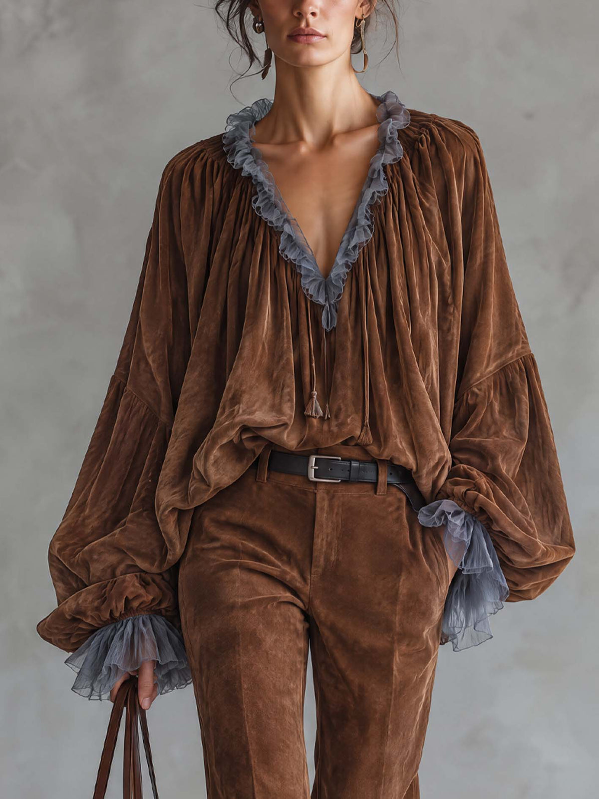 Chocolate Brown Faux Suede Blouse And Trouser Set With Chiffon Ruffle Trim