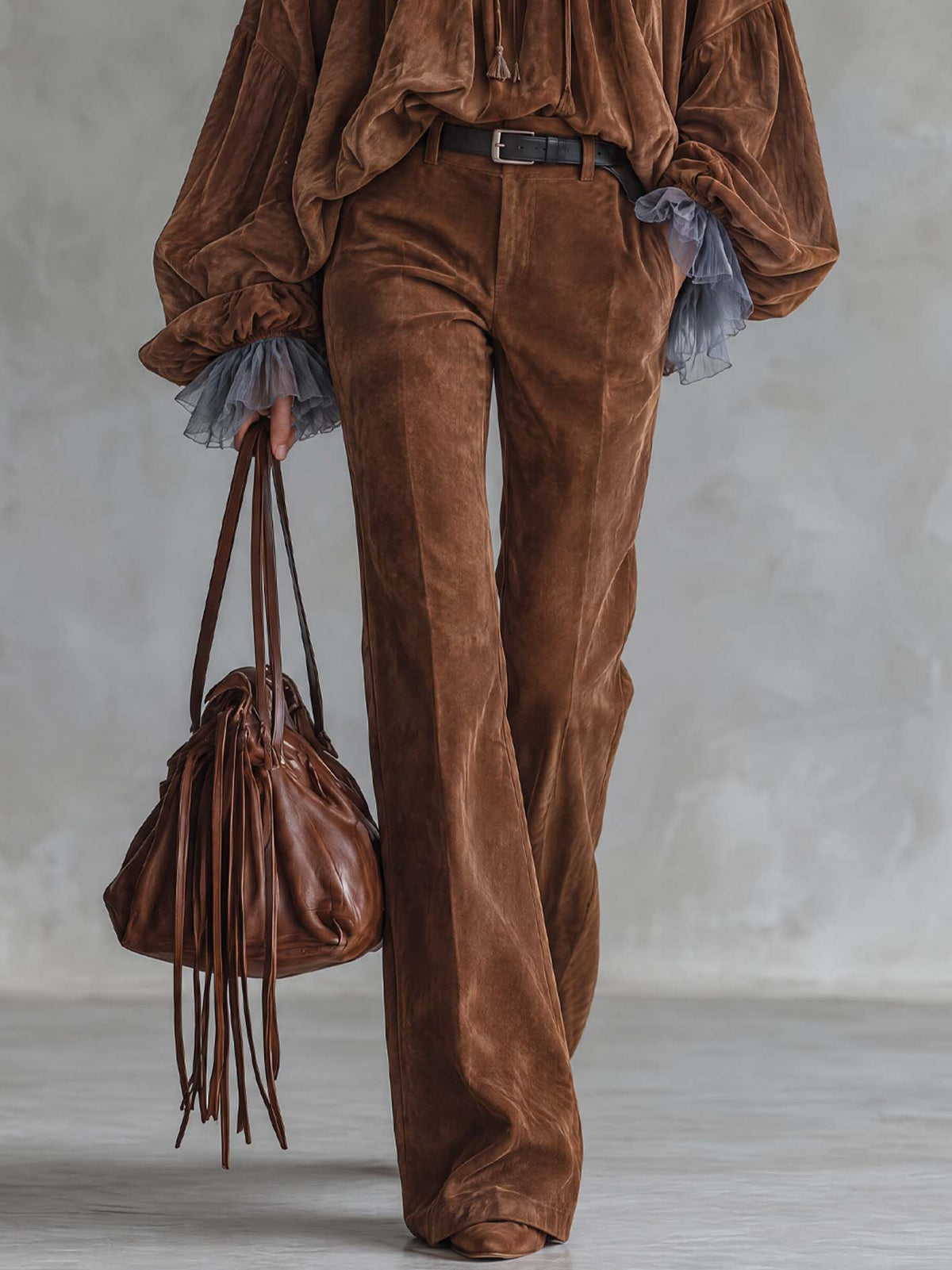 Chocolate Brown Faux Suede Blouse And Trouser Set With Chiffon Ruffle Trim