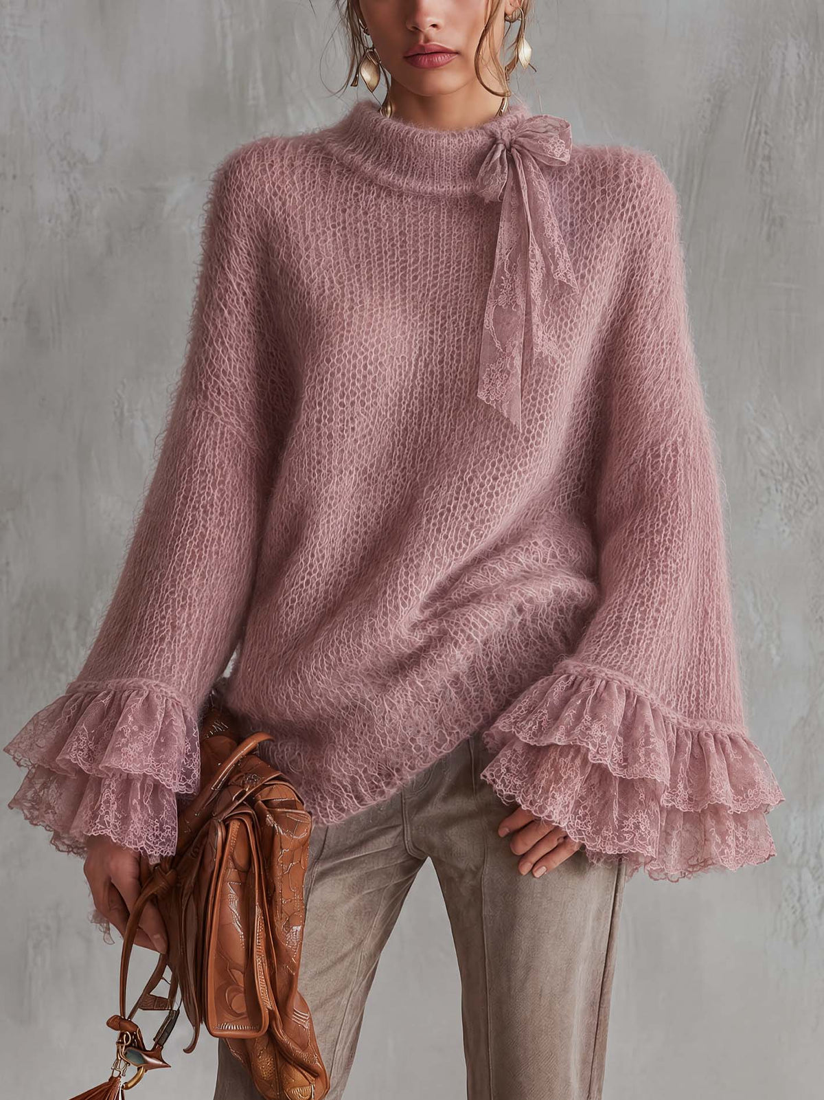 Dusty Rose Fuzzy Mohair Sweater With Sheer Lace Bow And Tiered Ruffle Cuffs
