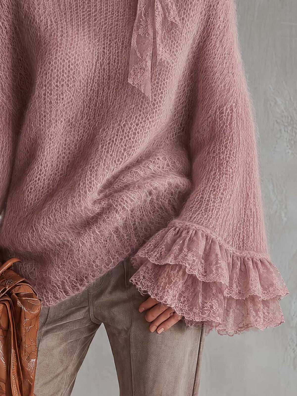 Dusty Rose Fuzzy Mohair Sweater With Sheer Lace Bow And Tiered Ruffle Cuffs
