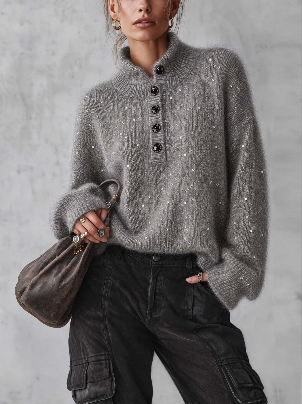 Gray Shimmer Mohair Sweater With Sequin Scatter And Button Placket