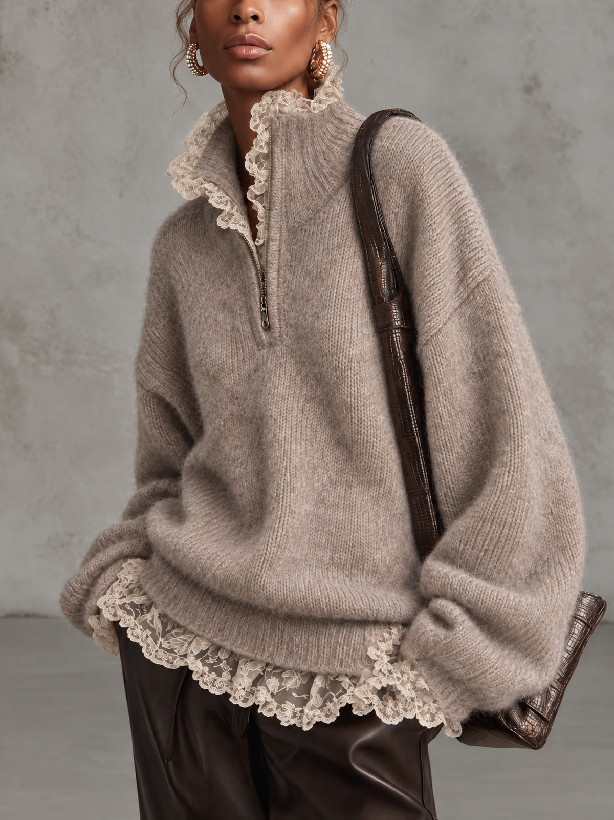 Oatmeal Oversized Half Zip Mohair Sweater With Ivory Lace Trim