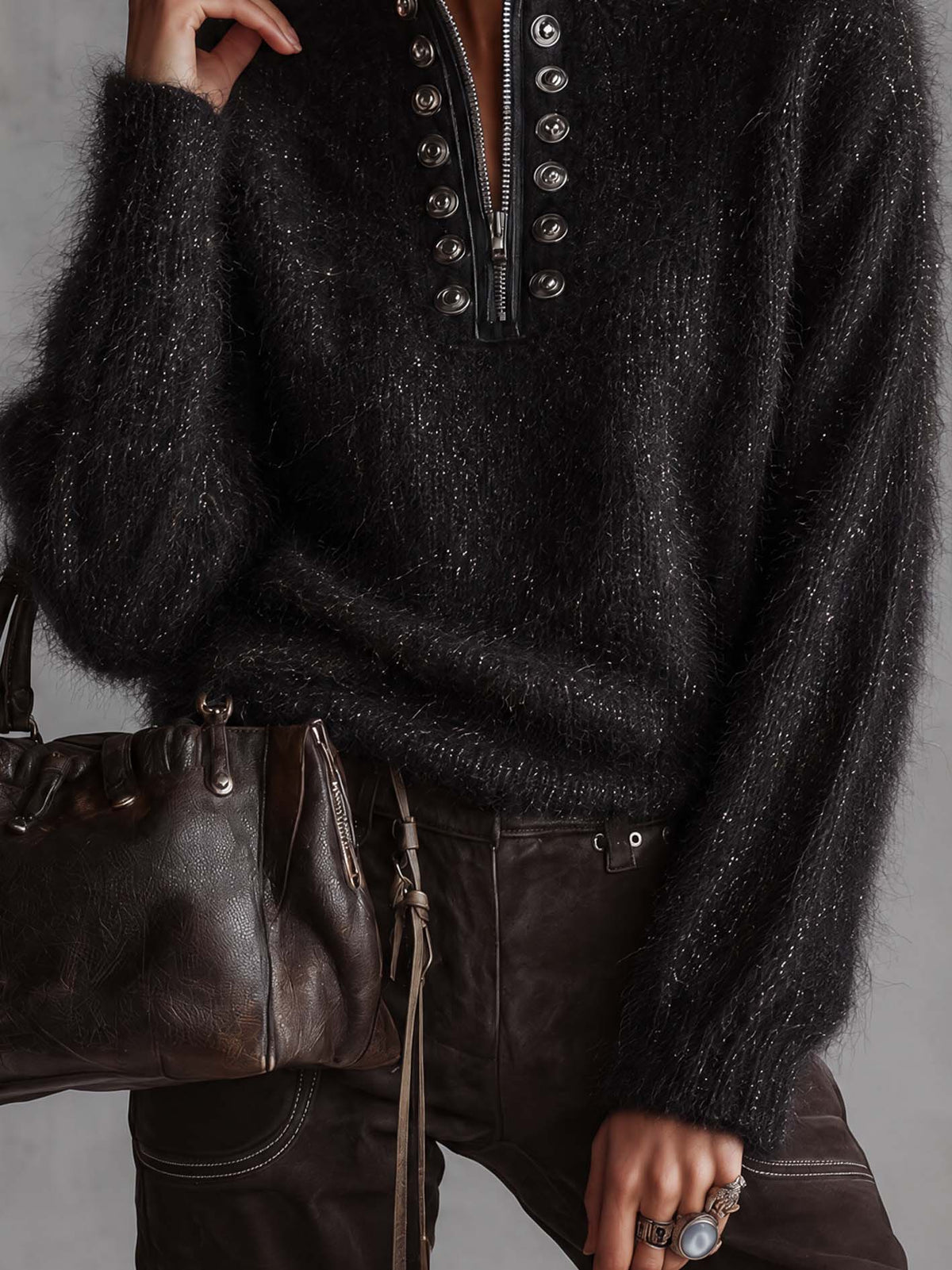Black Shimmer Mohair Sweater With Half-Zip Placket And Silver Snap Button Trim