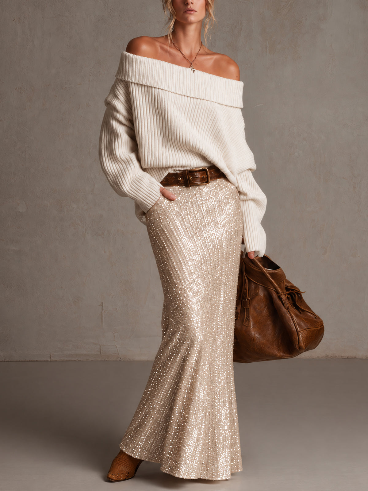Cream Off Shoulder Ribbed Knit Sweater And Champagne Sequin Maxi Skirt Set