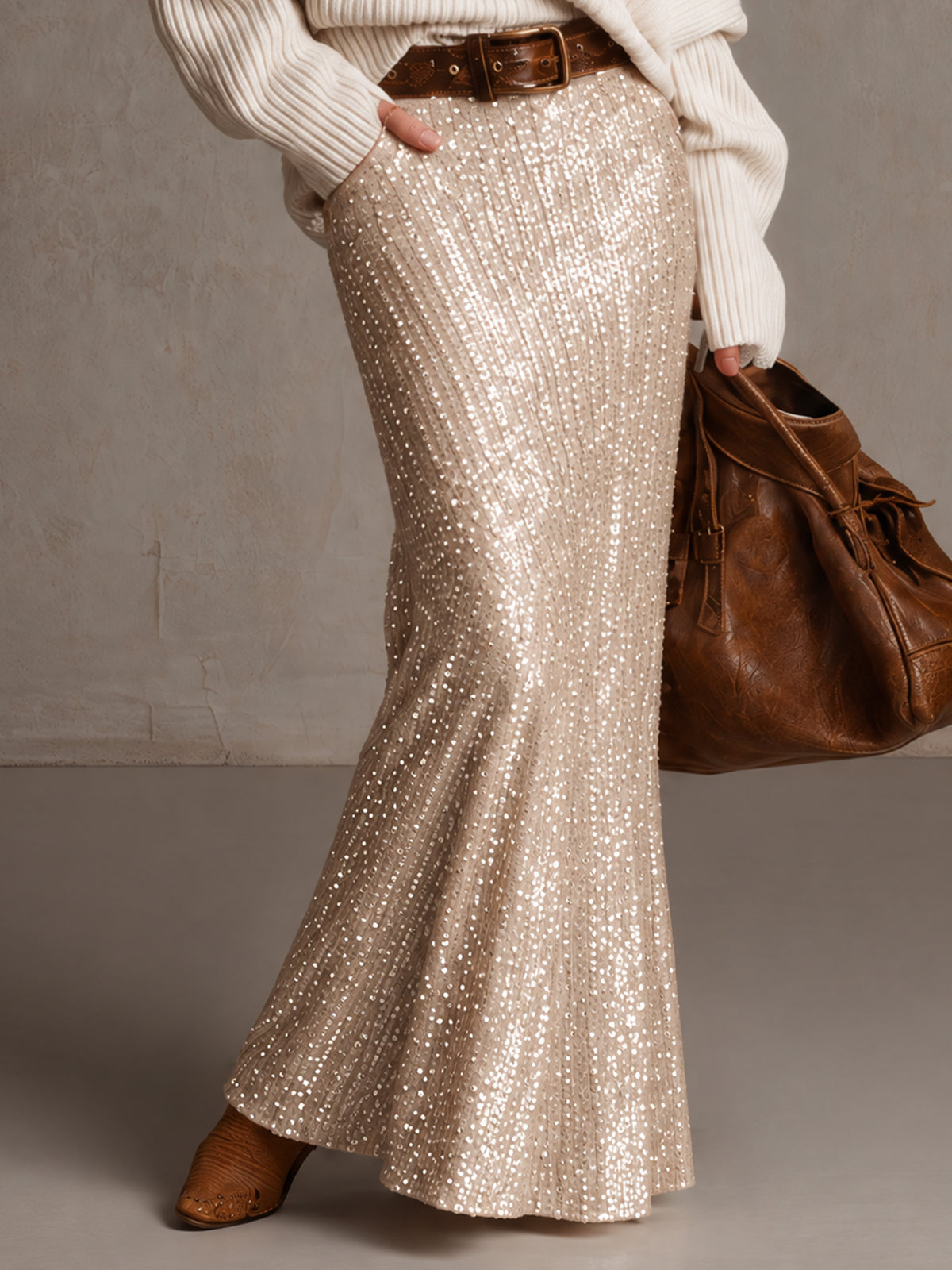 Cream Off Shoulder Ribbed Knit Sweater And Champagne Sequin Maxi Skirt Set