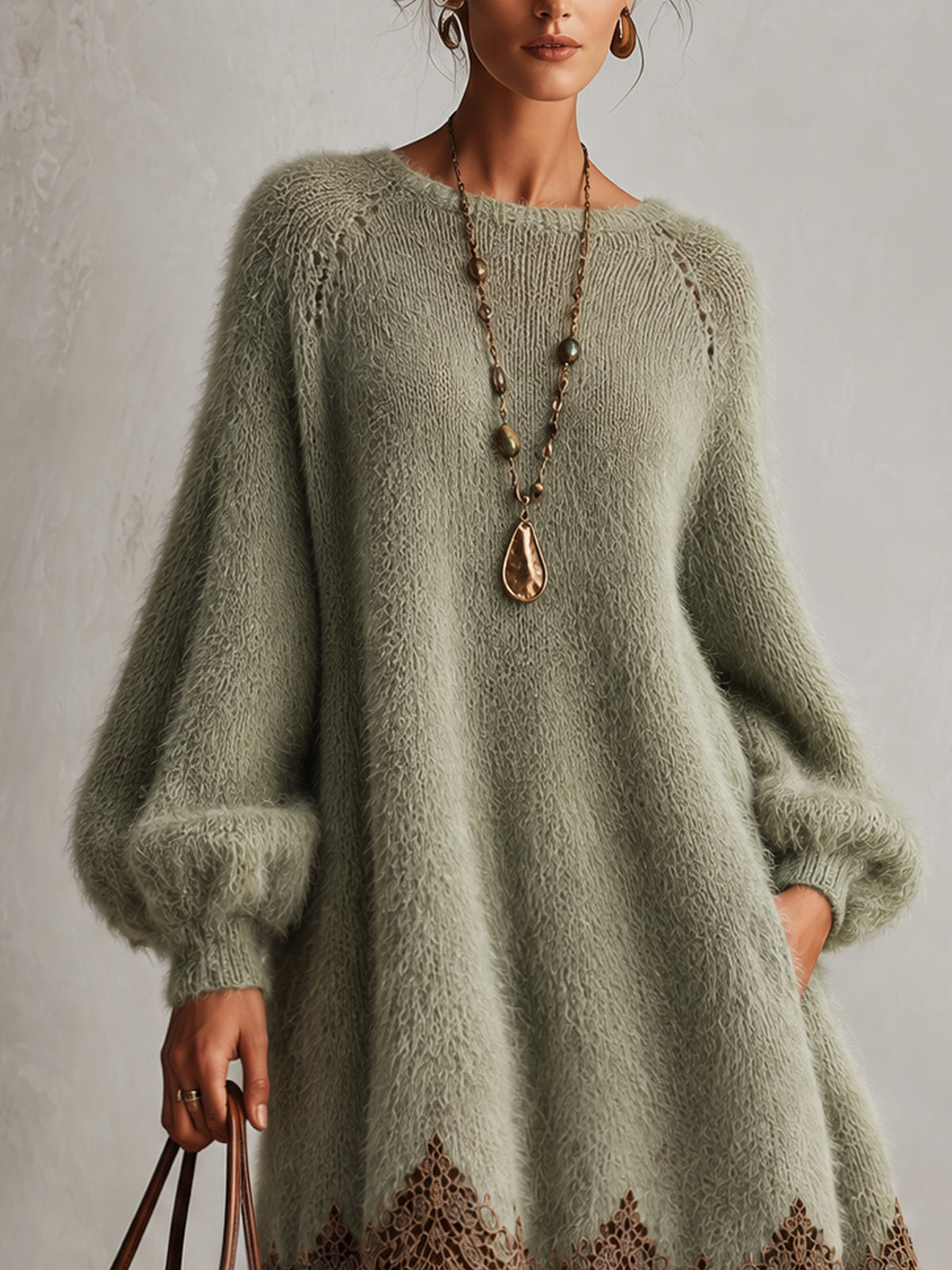 Sage Green Oversized Faux Mink Knit Midi Dress With Brown Lace Hem