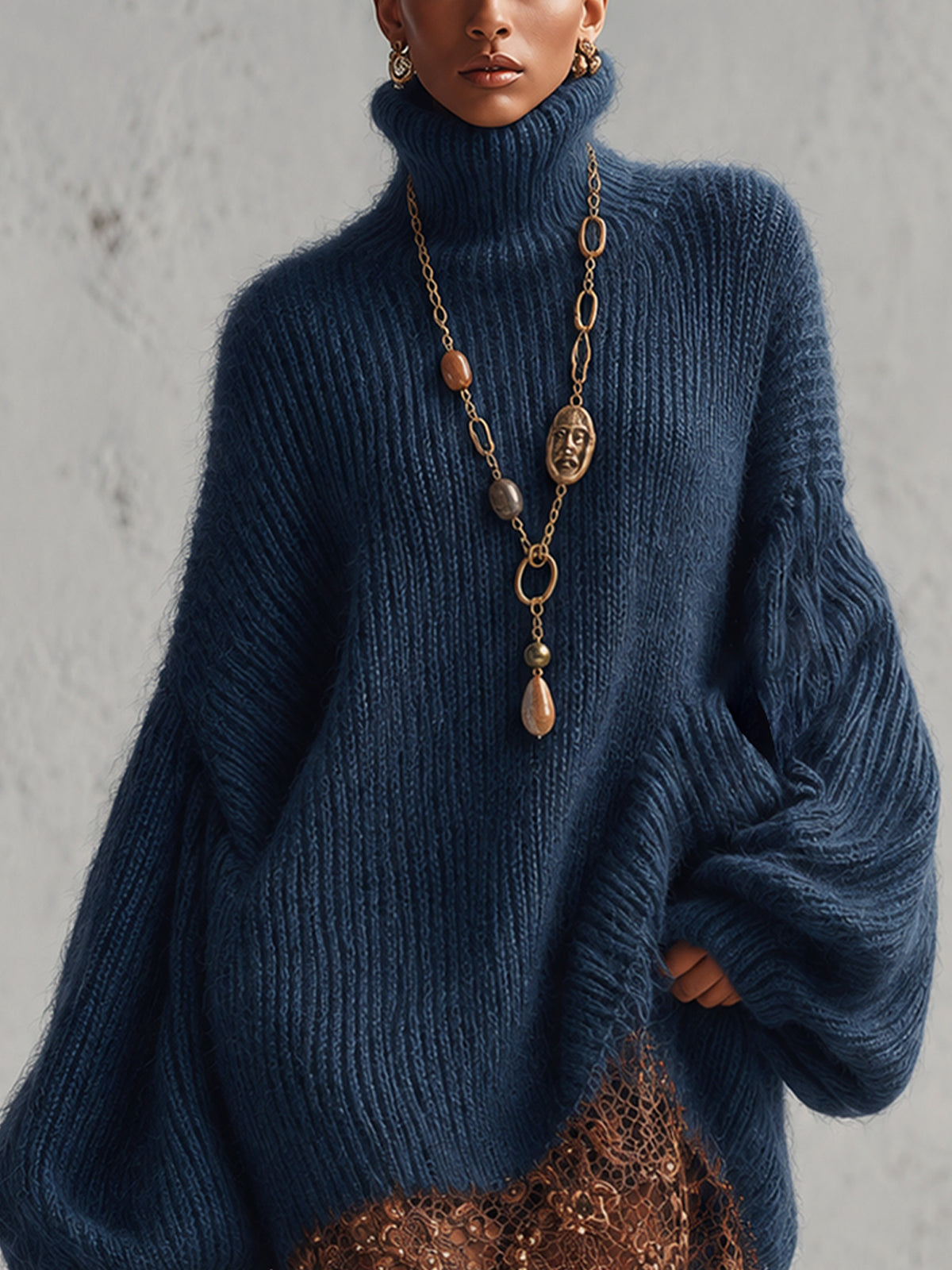 Eal Blue Oversized Turtleneck Mohair Knit Mini Dress With Brown Lace Hem