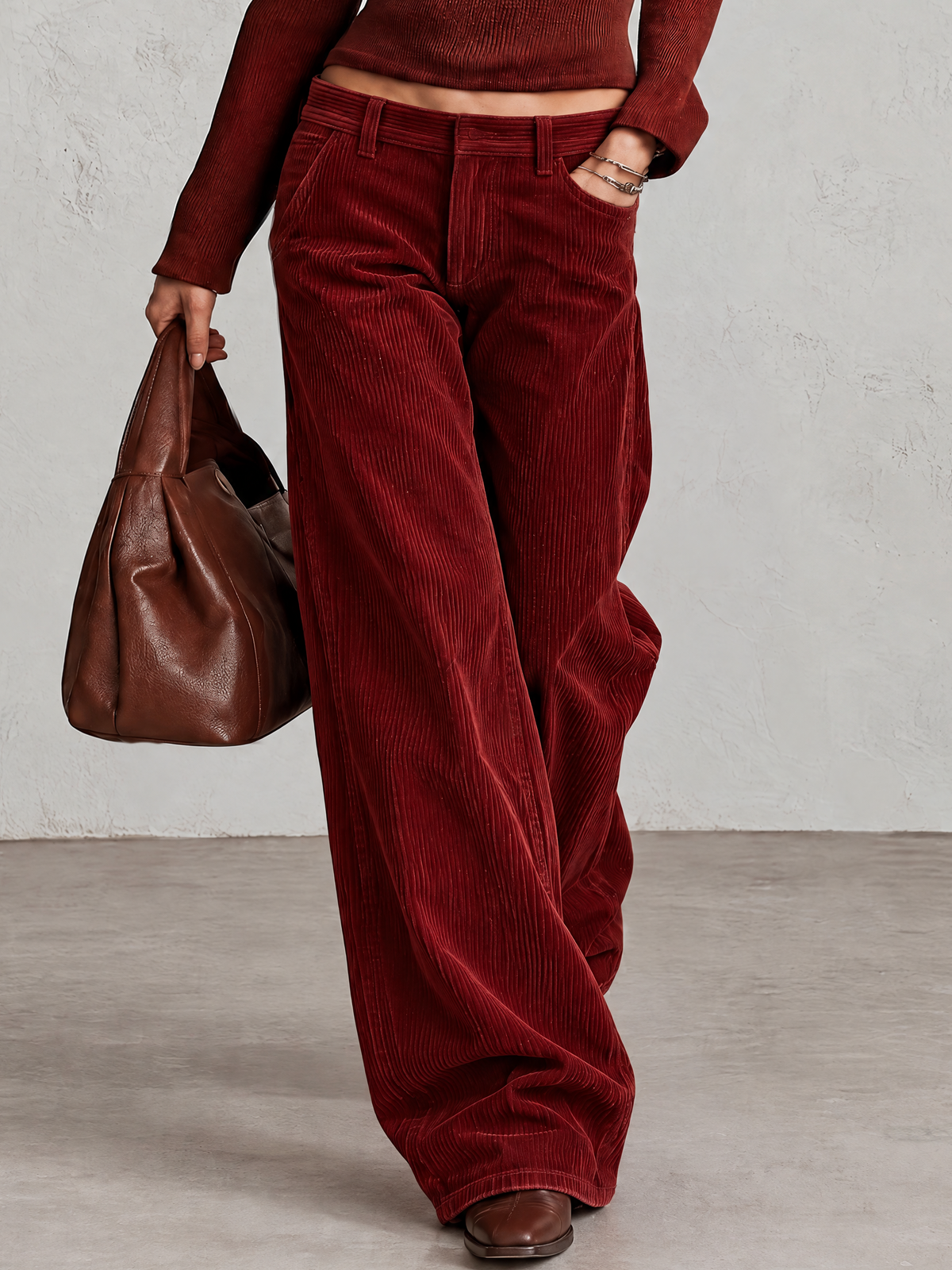 Rust Teddy Fleece Cowl Neck Knit Top With Corduroy Wide Leg Pants Set
