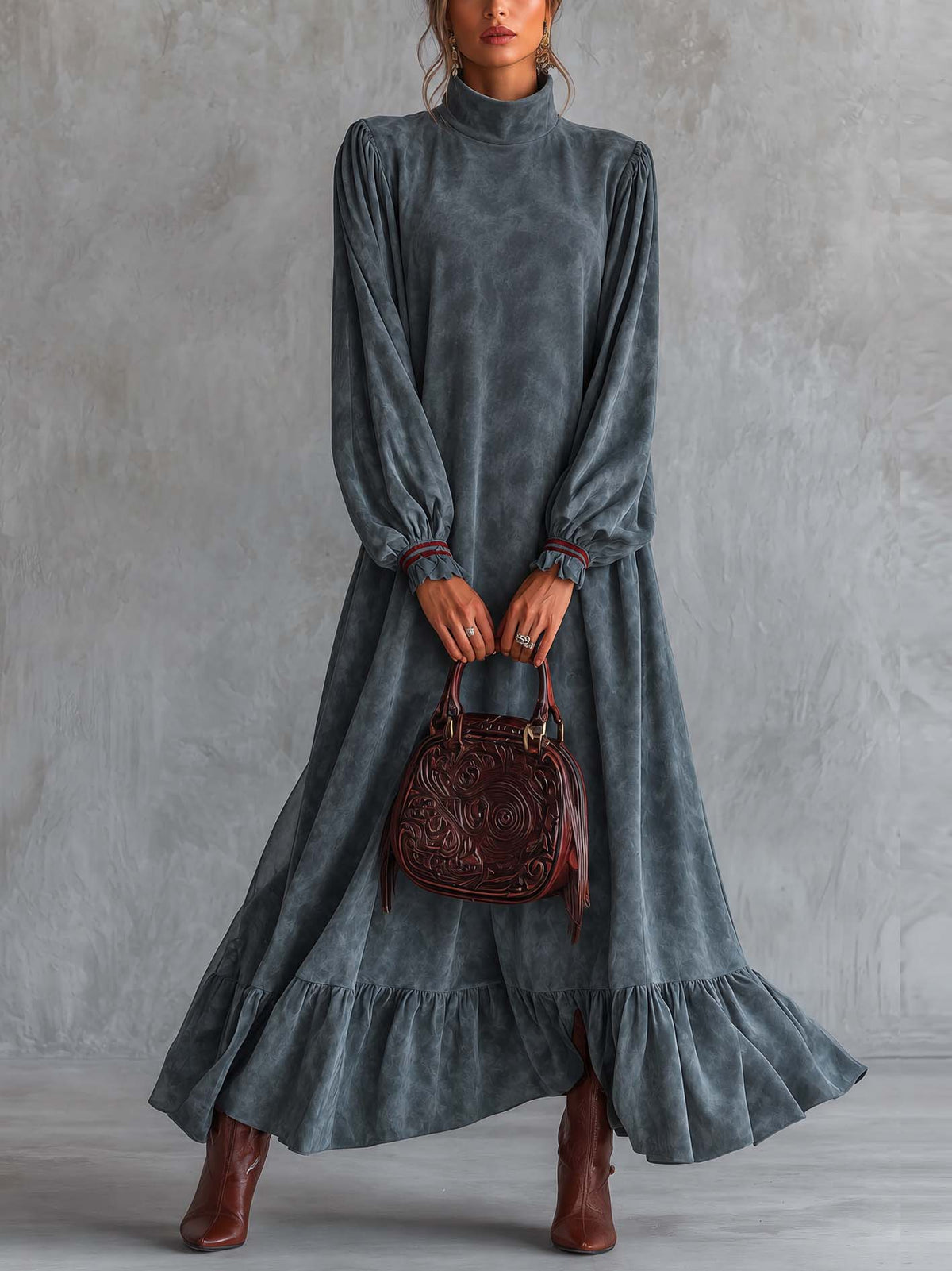 Washed Slate Gray Faux Suede Maxi Dress With Tiered Ruffle Hem And Balloon Sleeves