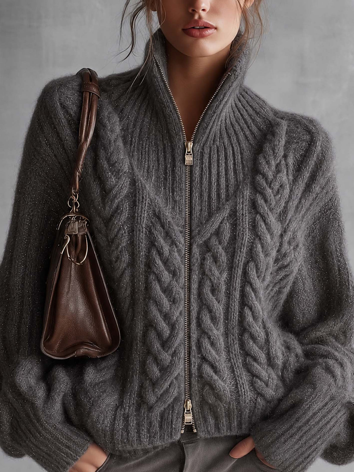 Charcoal Gray Shimmer Cable Knit Zip-Up Sweater With Two-Way Zipper