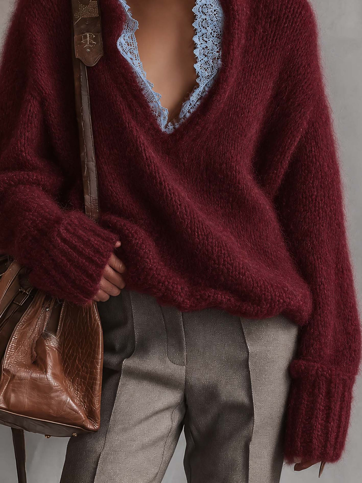 Burgundy Fuzzy Mohair Sweater With Blue Lace-Trimmed Plunge Neckline