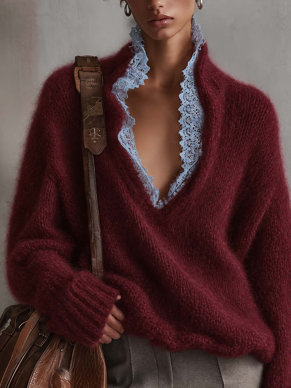 Burgundy Fuzzy Mohair Sweater With Blue Lace-Trimmed Plunge Neckline