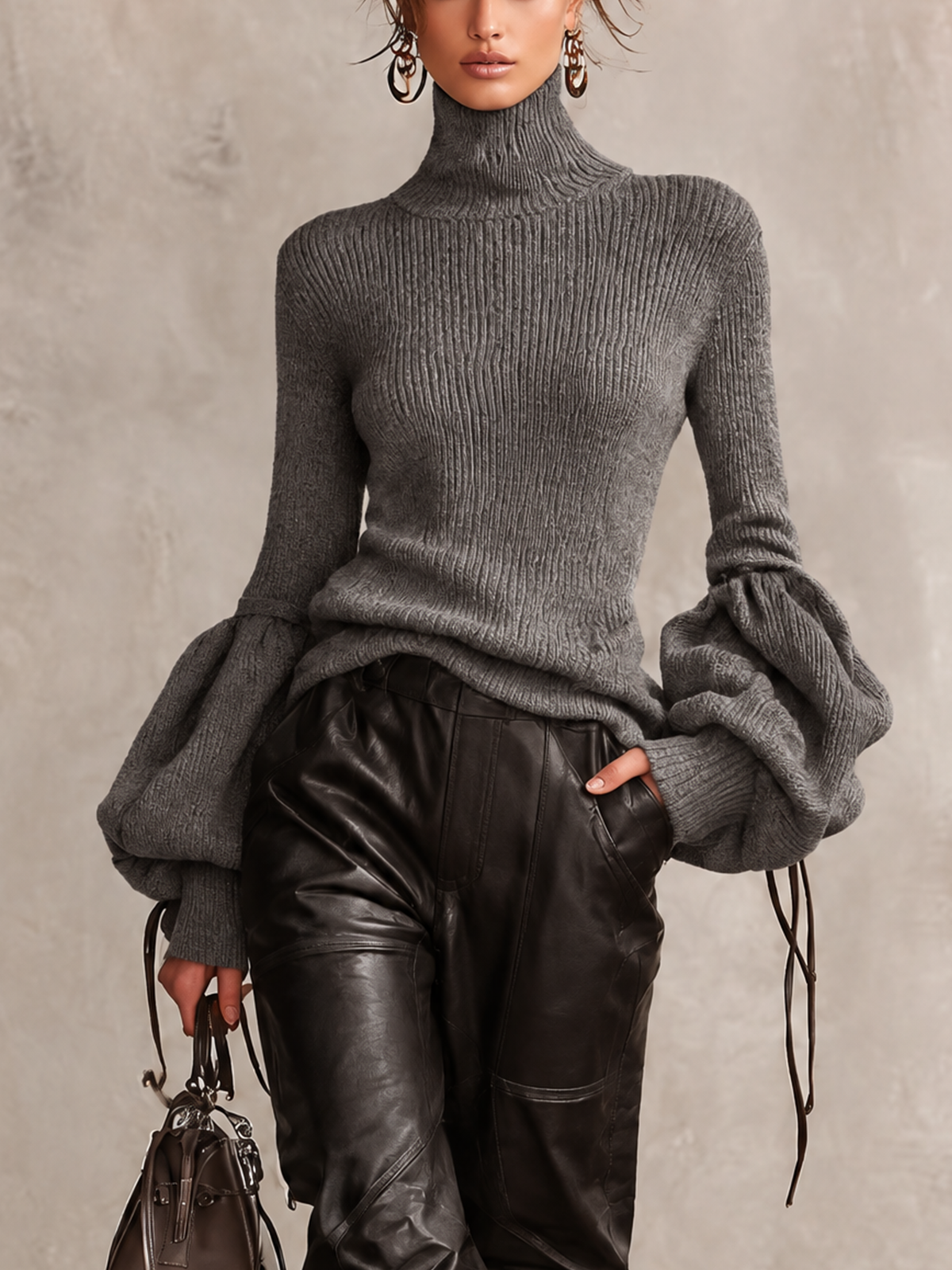 Heather Grey Ribbed Turtleneck Sweater With Gathered Bubble Sleeves