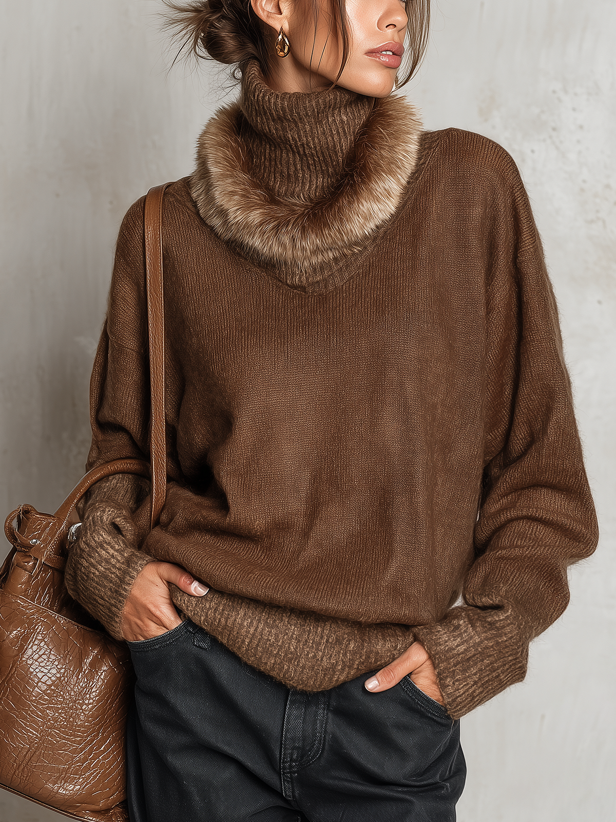 Brown Faux Fur Collar Faux Two-Piece Knit Sweater
