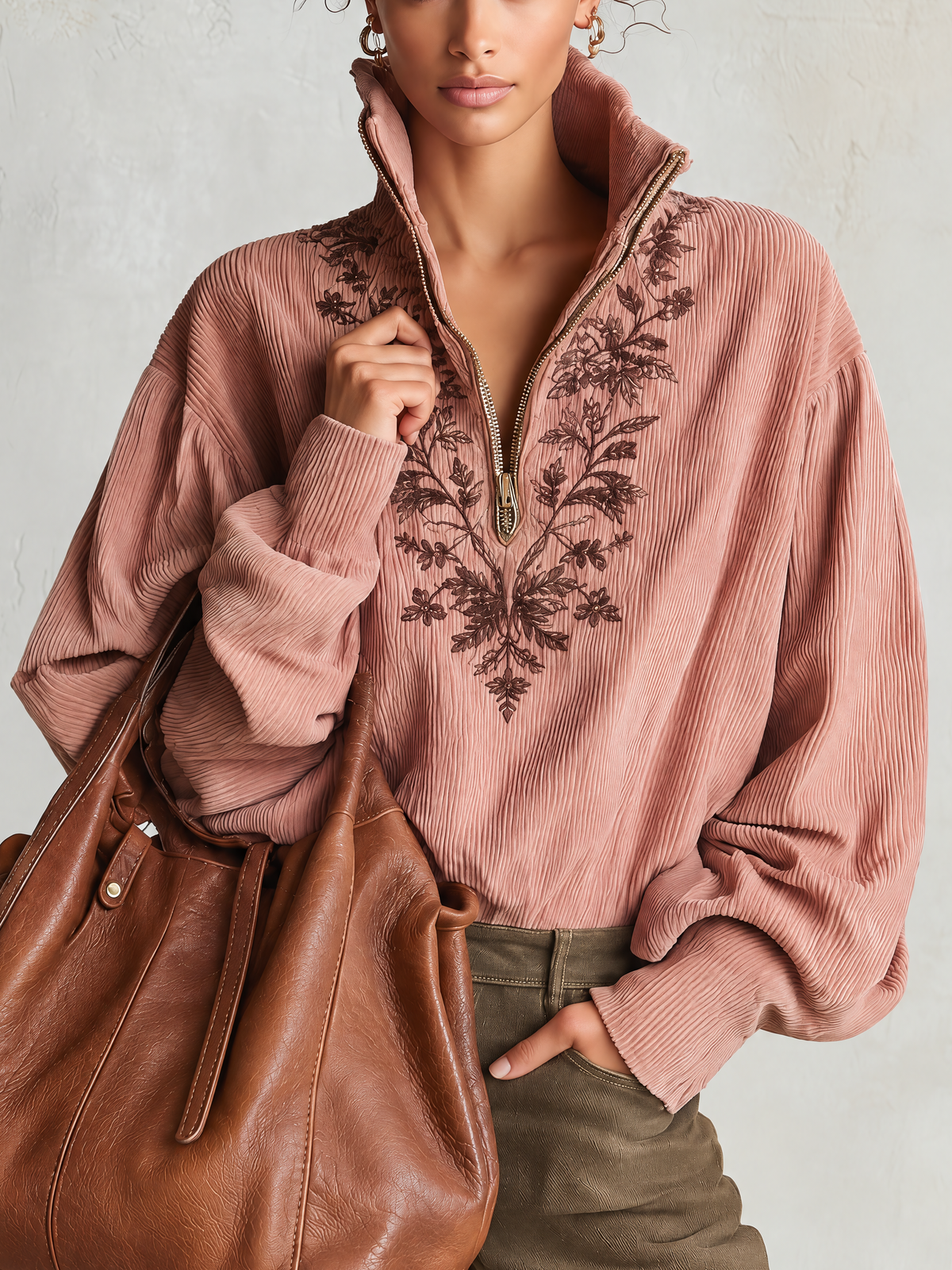Dusty Pink Corduroy Half-Zip Blouse With Floral Embroidery