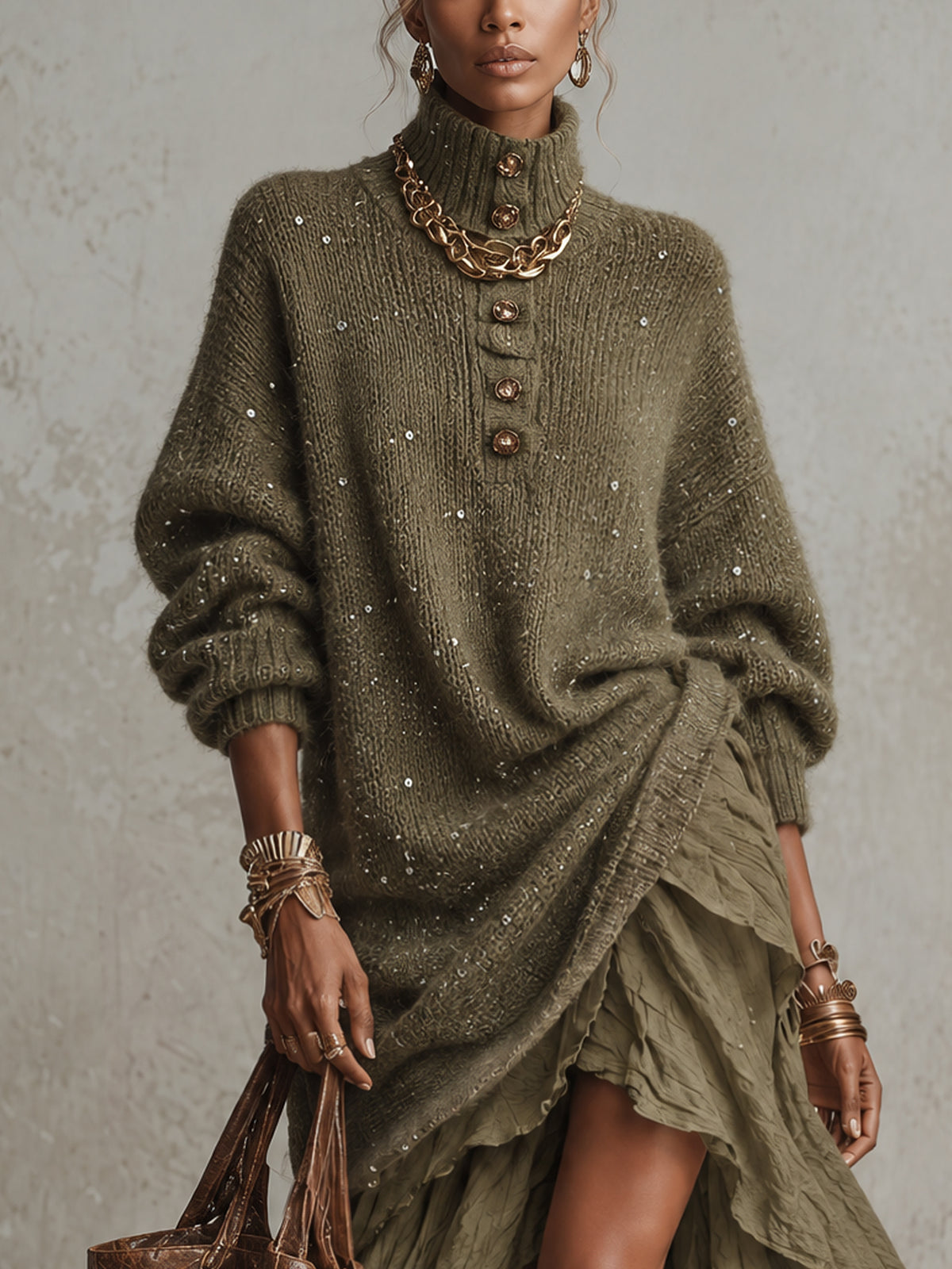 Olive Green Oversized Sequin Mohair Turtleneck Sweater