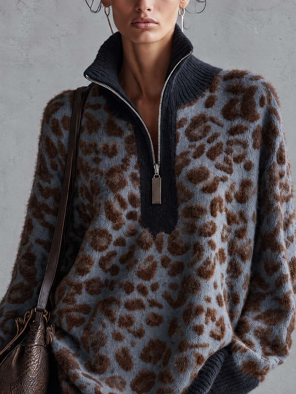 Dusty Blue Gray Leopard Print Fuzzy Mohair Sweater With Half-Zip Stand Collar