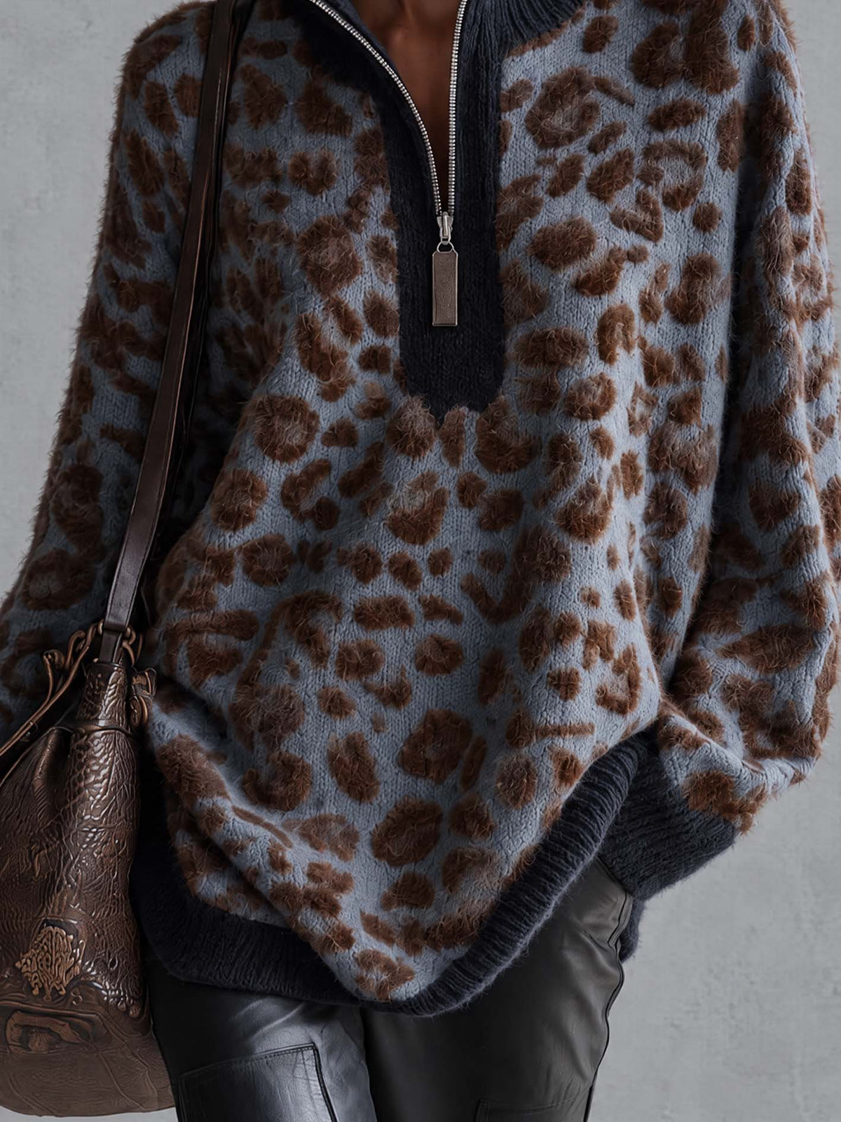 Dusty Blue Gray Leopard Print Fuzzy Mohair Sweater With Half-Zip Stand Collar