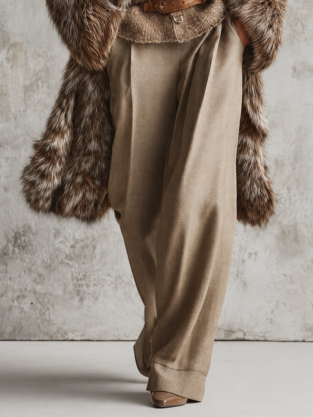 Mocha Three Tone Gradient Faux Fox Fur Midi Coat