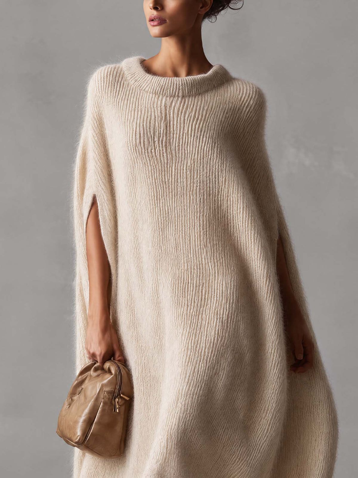 Ivory Loose Mohair Knit Cape Maxi Dress With Scalloped Lace Hem