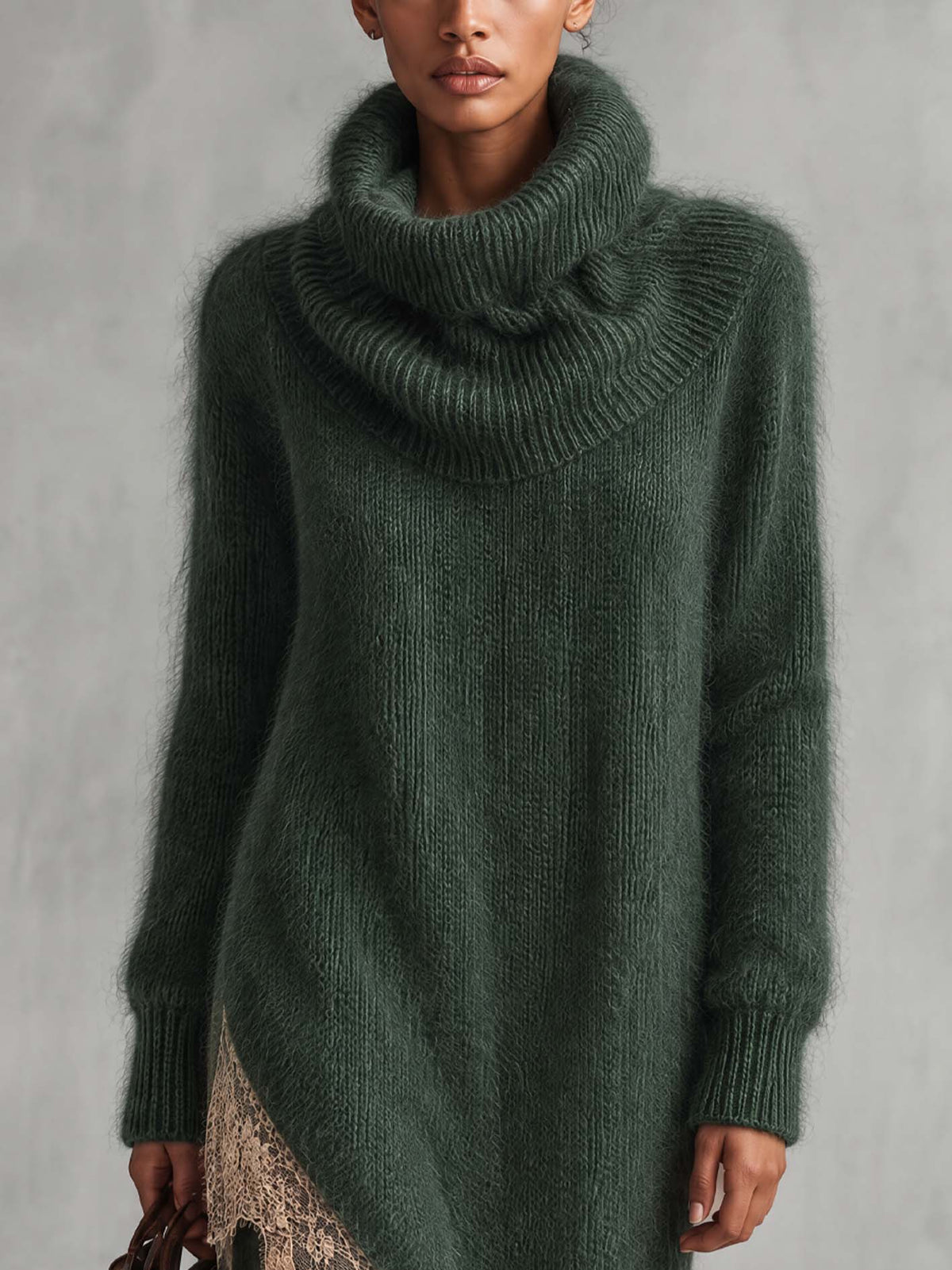 Forest Green Fuzzy Mohair Knit Midi Dress With Sand Lace Hem And High Side Slit