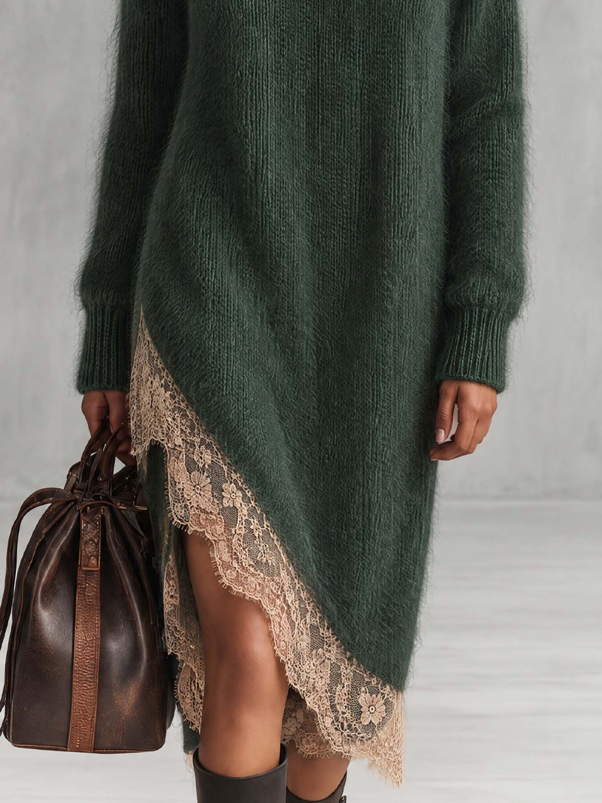 Forest Green Fuzzy Mohair Knit Midi Dress With Sand Lace Hem And High Side Slit