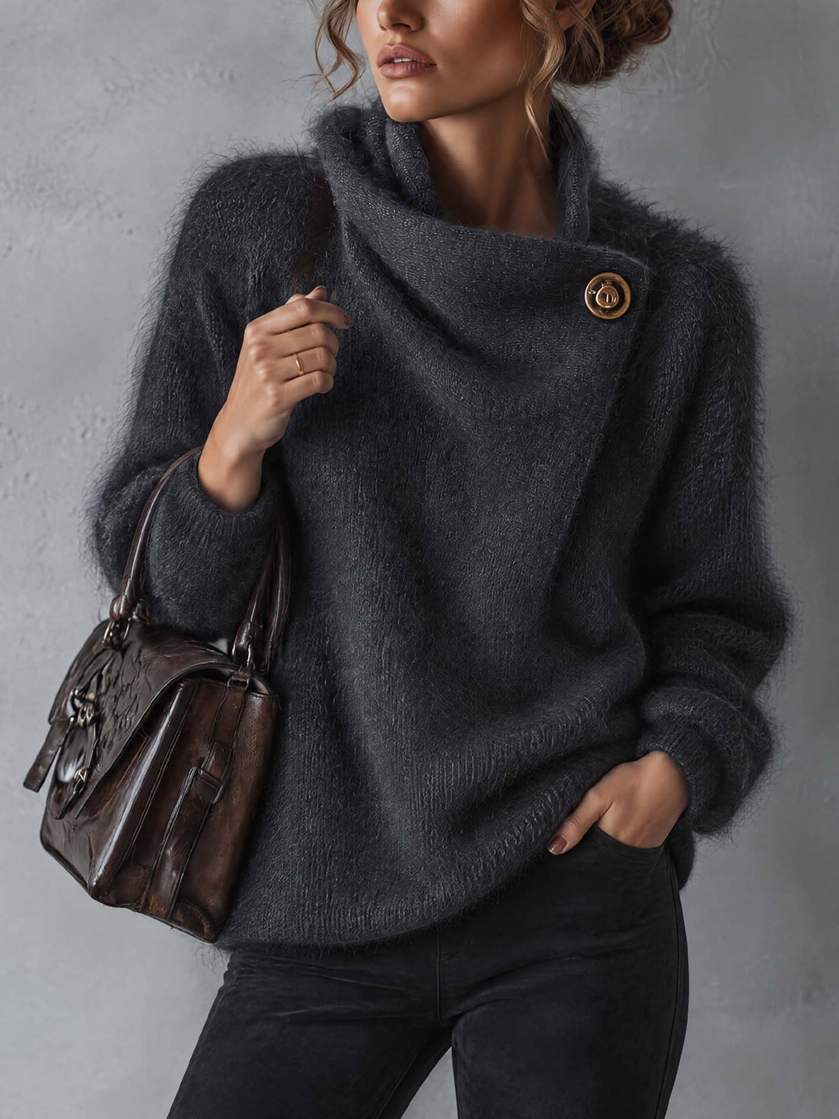 Charcoal Gray Fuzzy Mohair Sweater With Asymmetric Wrap Collar And Gold Button
