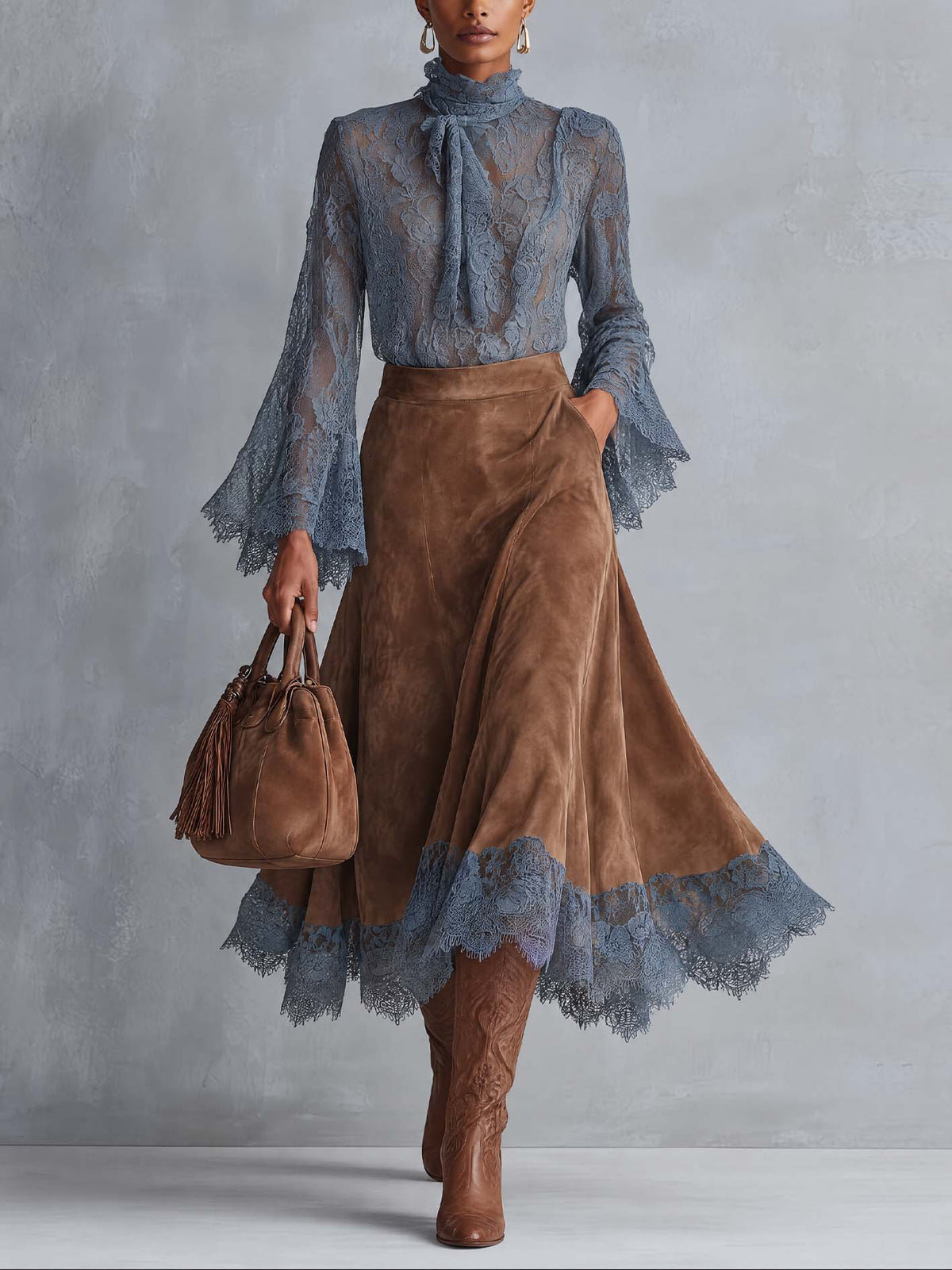Dusty Blue Sheer Lace Blouse And Camel Faux Suede Lace-Hem Midi Skirt Set