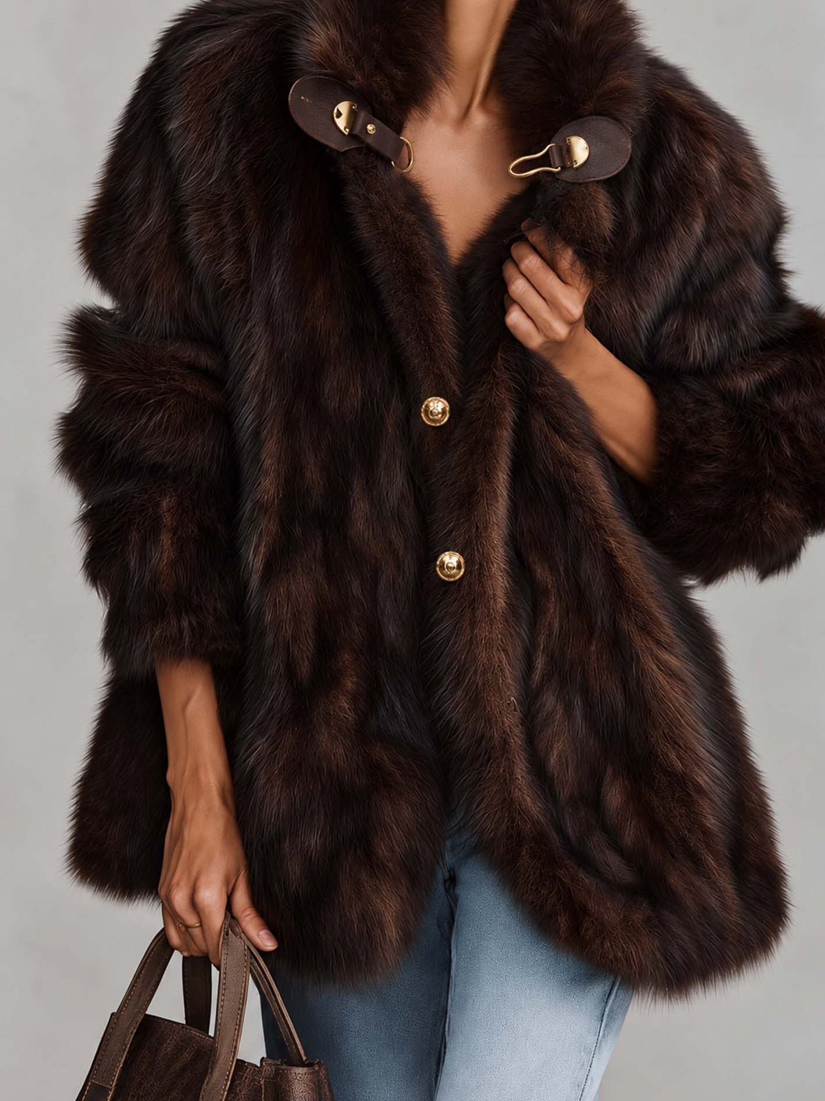 Dark Brown Faux Fox Fur Jacket With Leather Toggle Clasps And Gold Buttons