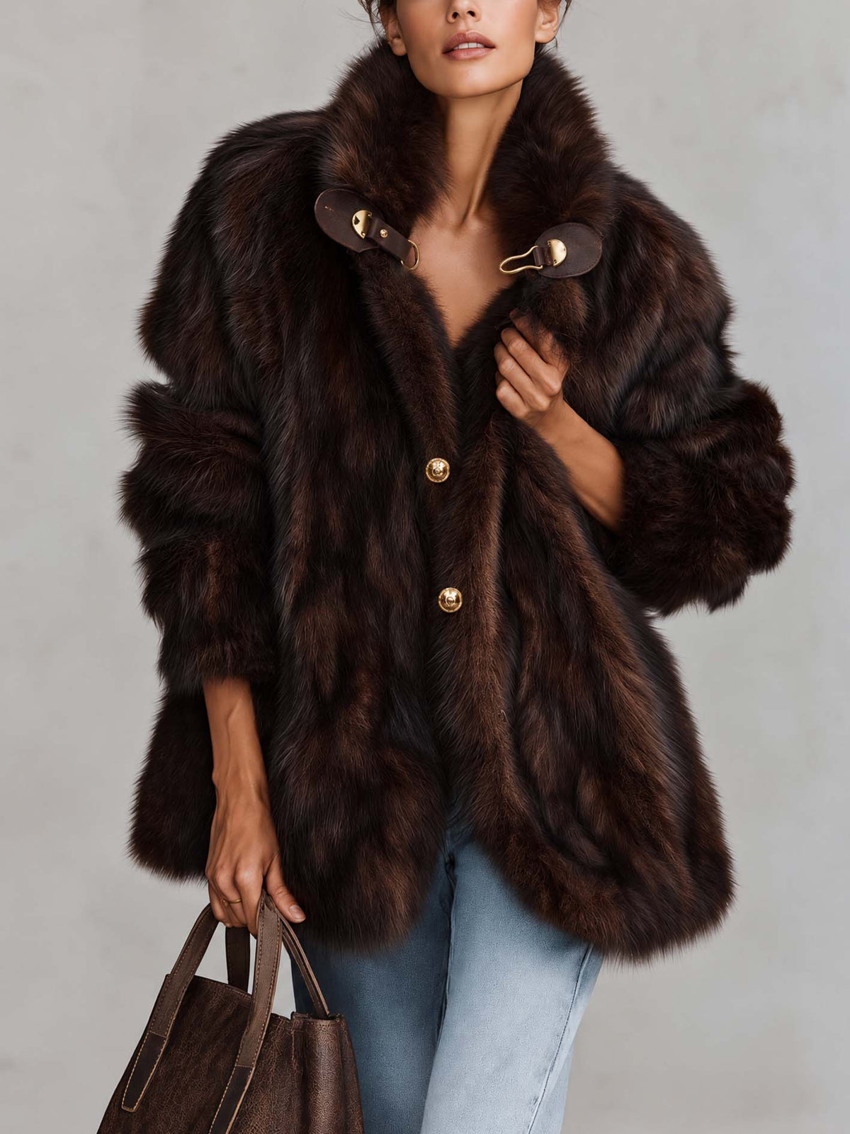 Dark Brown Faux Fox Fur Jacket With Leather Toggle Clasps And Gold Buttons