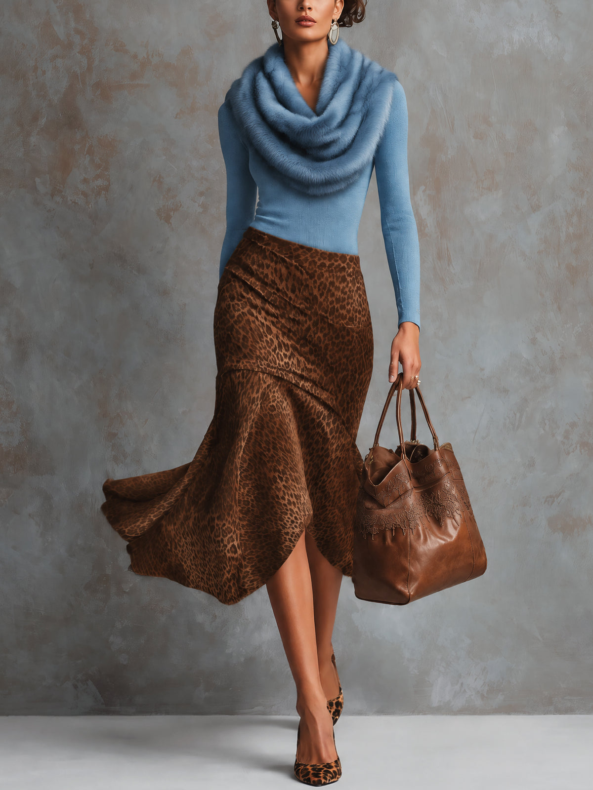 Blue Faux Fur Cowl Neck Top And Brown Leopard Faux Suede Skirt Set