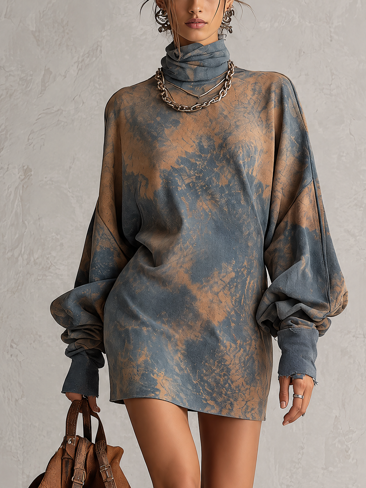 Blue And Brown Acid-Wash Faux Suede Turtleneck Mini Dress