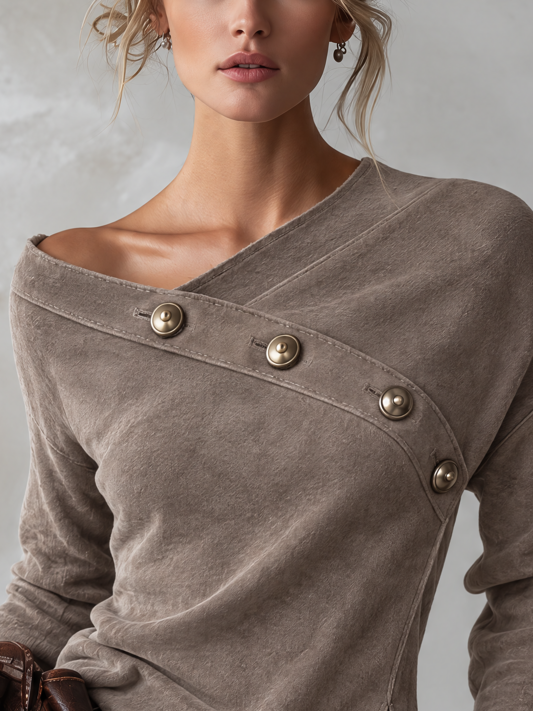 Taupe Faux Suede Asymmetric Off-Shoulder Blouse