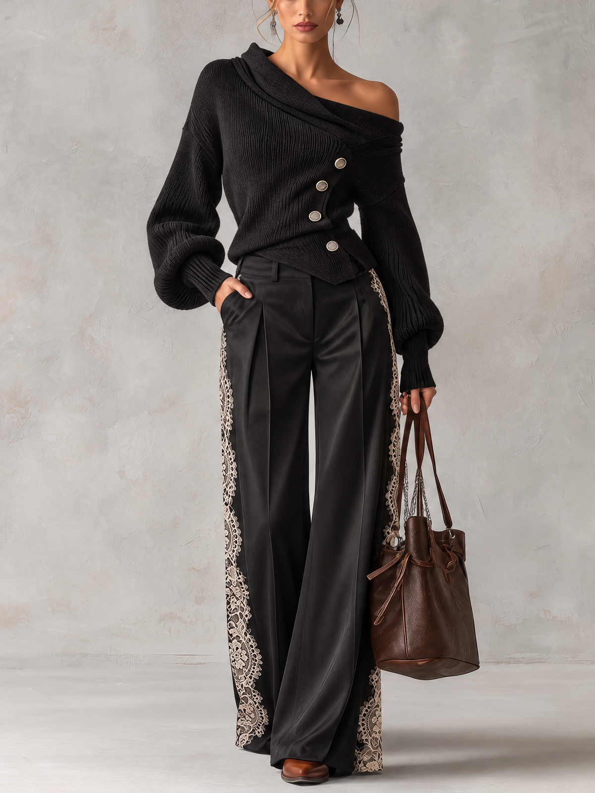 Black Asymmetric Off-Shoulder Knit Top And Lace Side Wide-Leg Pants Set