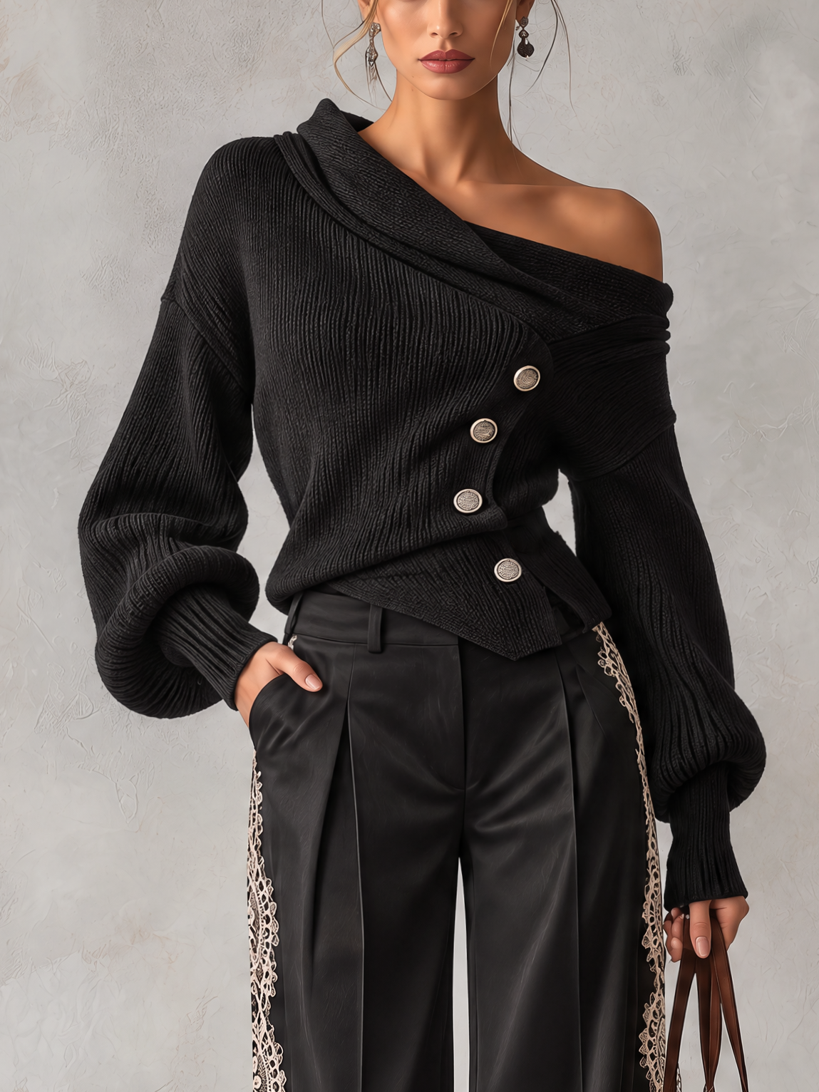 Black Asymmetric Off-Shoulder Knit Top And Lace Side Wide-Leg Pants Set