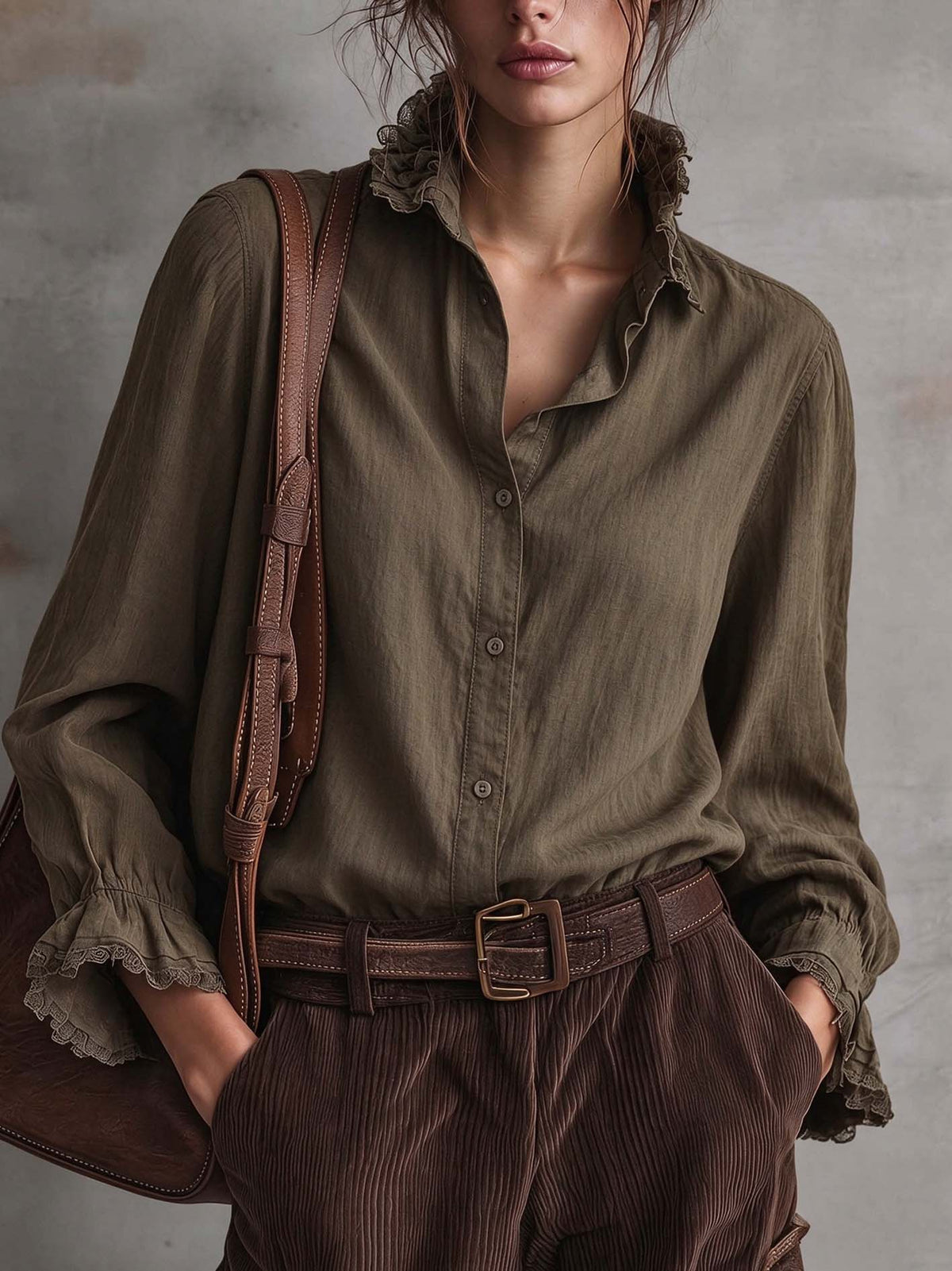 Chocolate Brown Fuzzy Mohair Knit Vest And Olive Lace-Trim Shirt Set