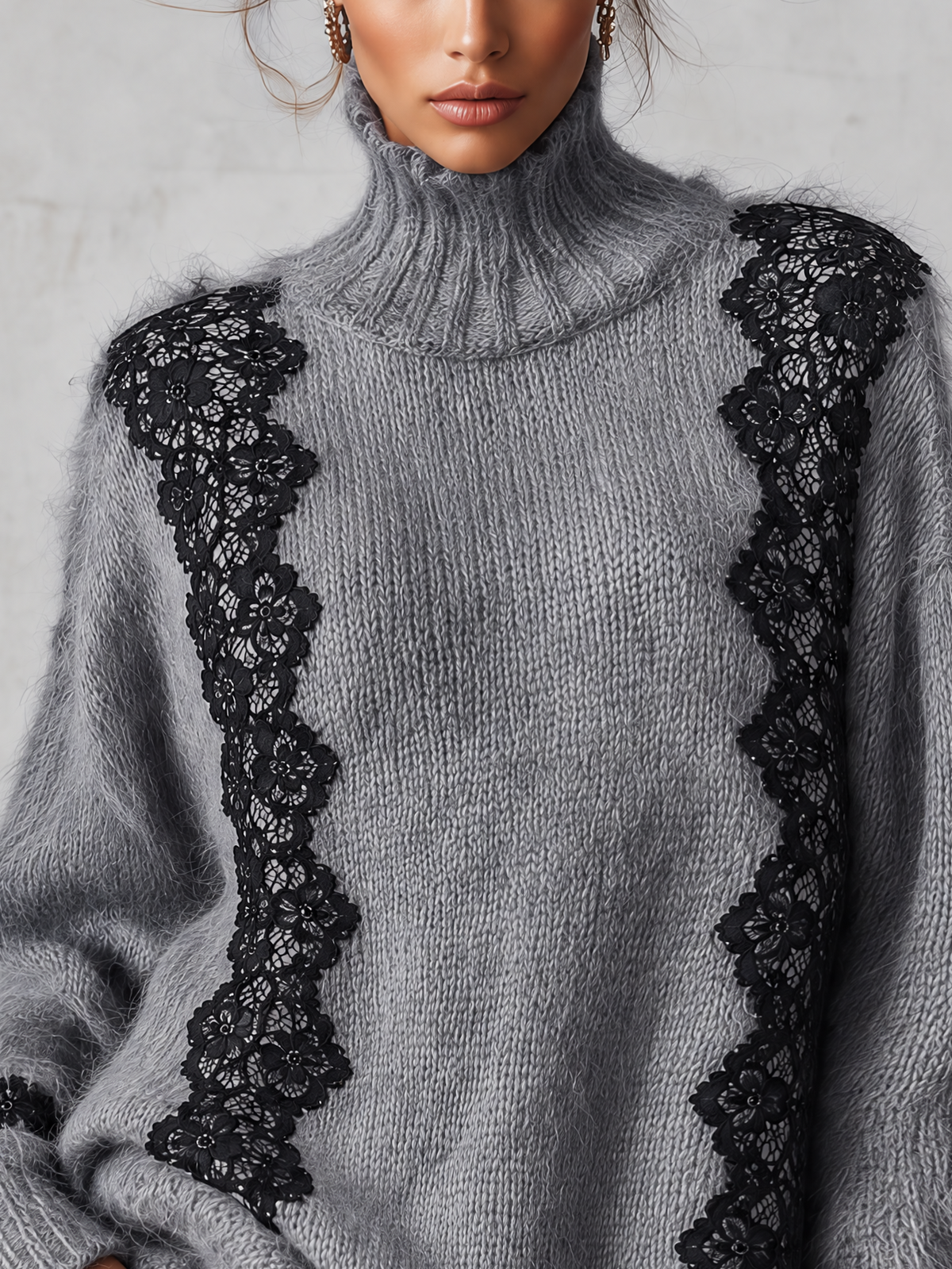 Grey Fuzzy Turtleneck Sweater With Black Lace Panel