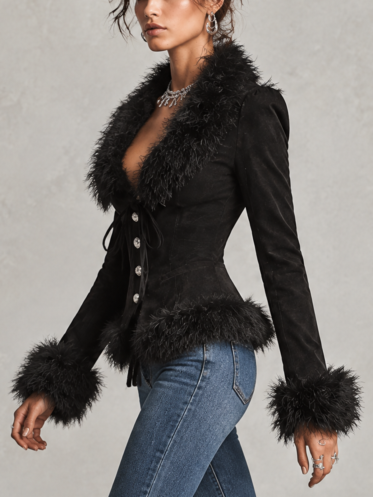 Black Suede Faux Fur Trim V-Neck Fitted Blazer