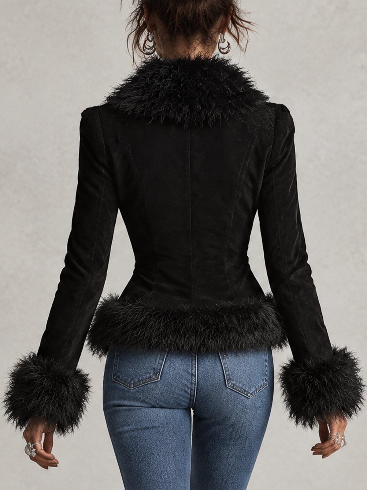 Black Suede Faux Fur Trim V-Neck Fitted Blazer