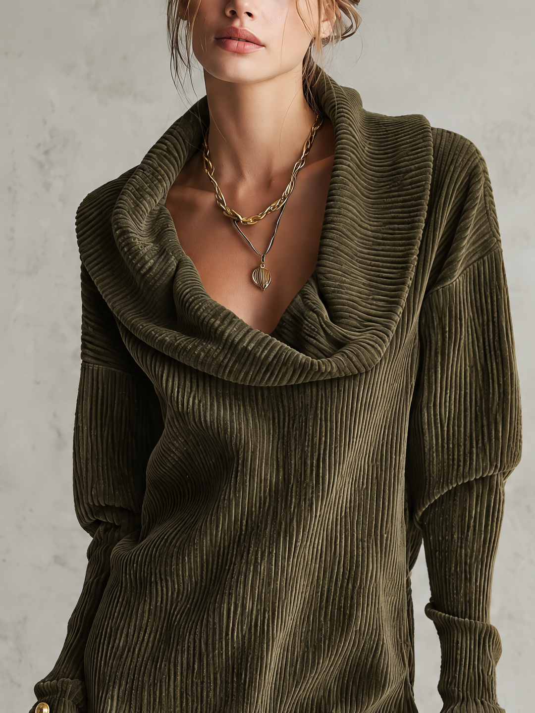 Olive Corduroy Cowl Neck Long Sleeve Mini Dress