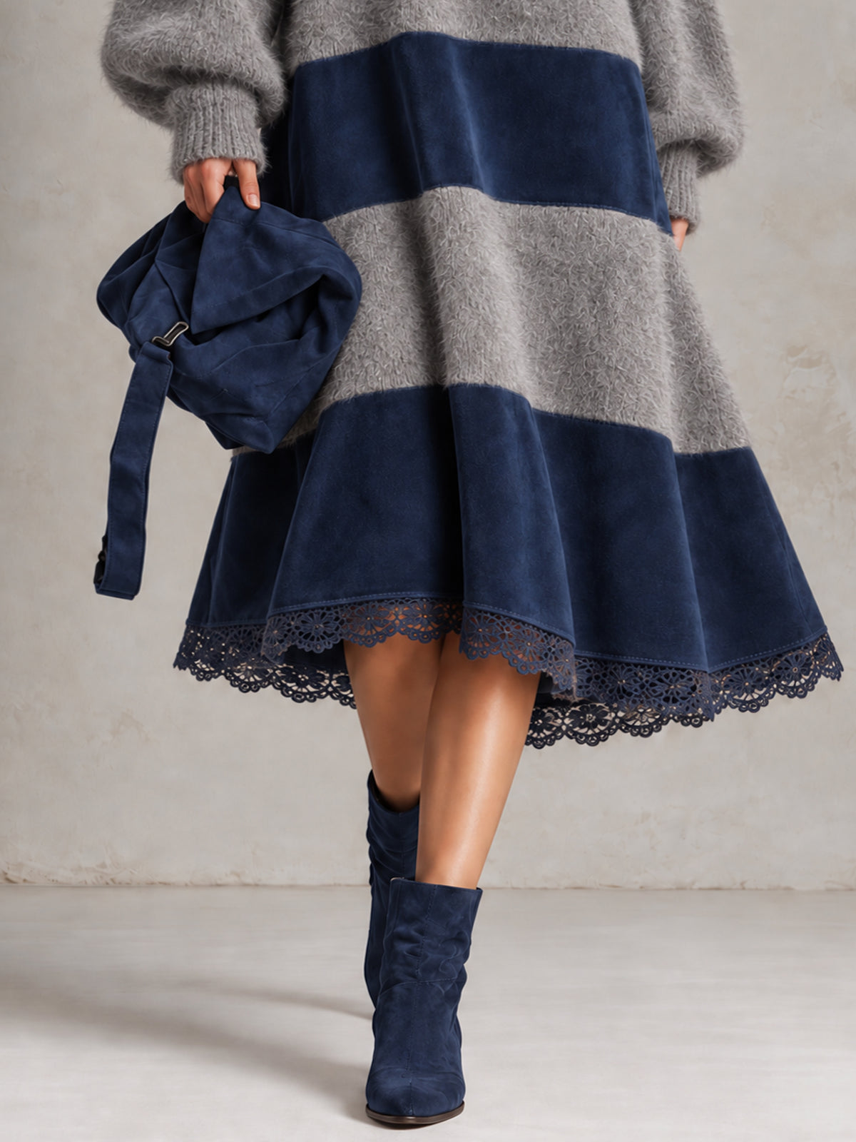 Gray Knit Navy Faux Suede Color Block Turtleneck Lace Hem Oversized Midi Dress