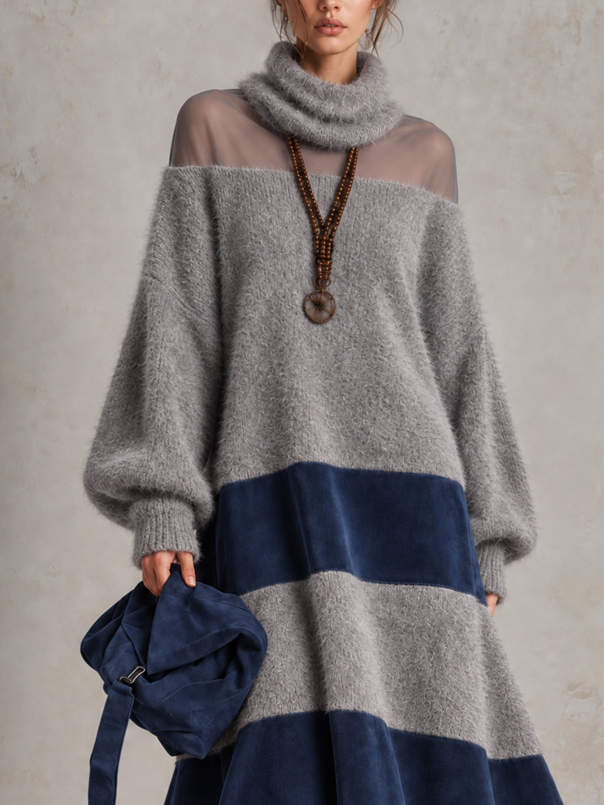 Gray Fuzzy Knit Navy Faux Suede Color Block Mesh Yoke Turtleneck Lace Hem Oversized Midi Dress