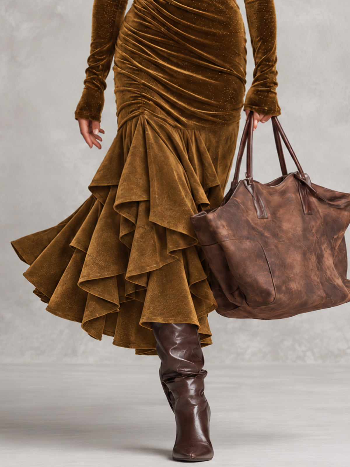 Brown Shimmer Velvet Faux Suede Patchwork Cold Shoulder Ruched Bodycon Dress