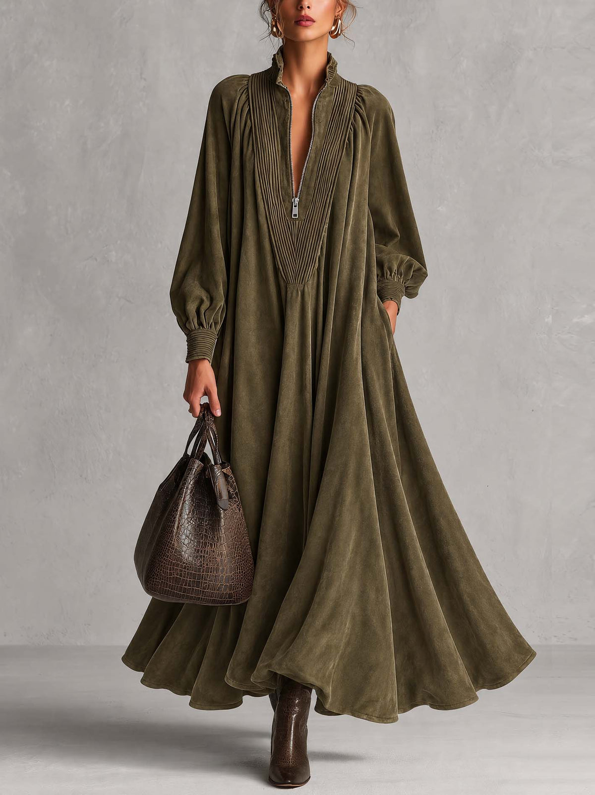 Olive Green Faux Suede Maxi Dress With Pintucked Zip Placket And Full Flared Skirt