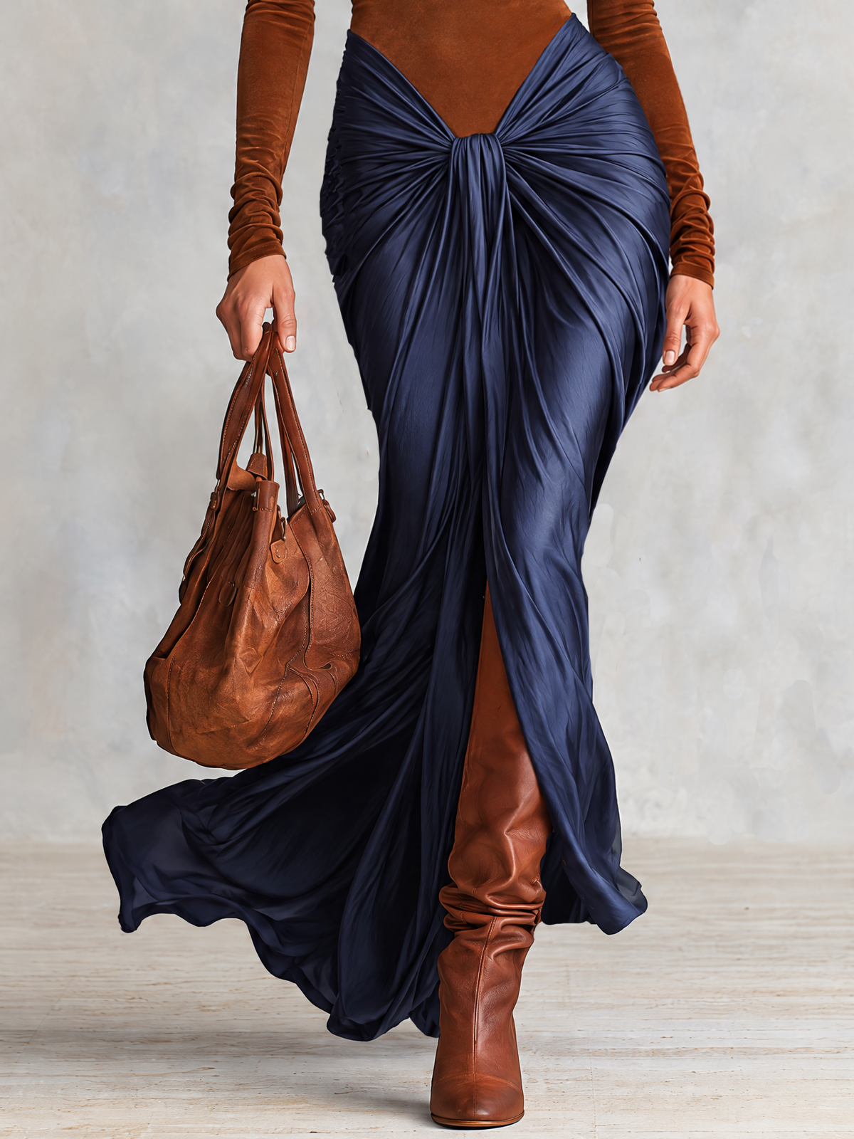 Brown And Navy Color Block Faux Suede Twist Front Maxi Dress