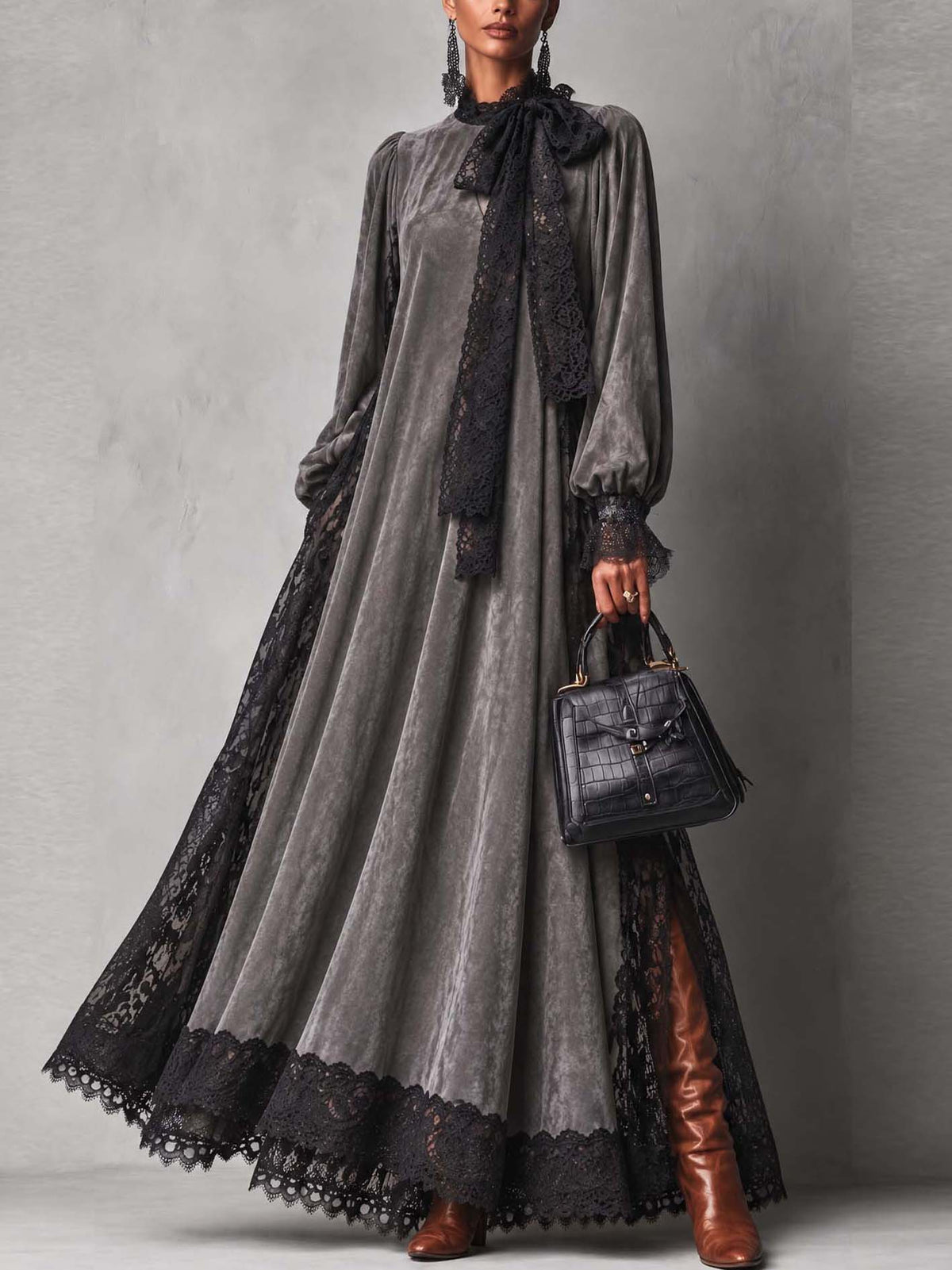 Slate Gray Faux Suede Maxi Dress With Black Lace And Neck Bow