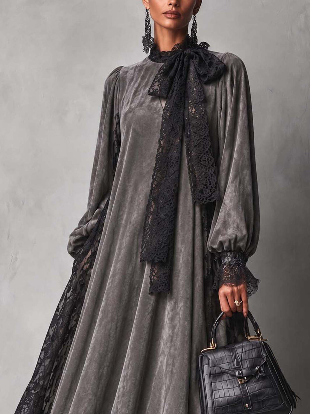 Slate Gray Faux Suede Maxi Dress With Black Lace And Neck Bow